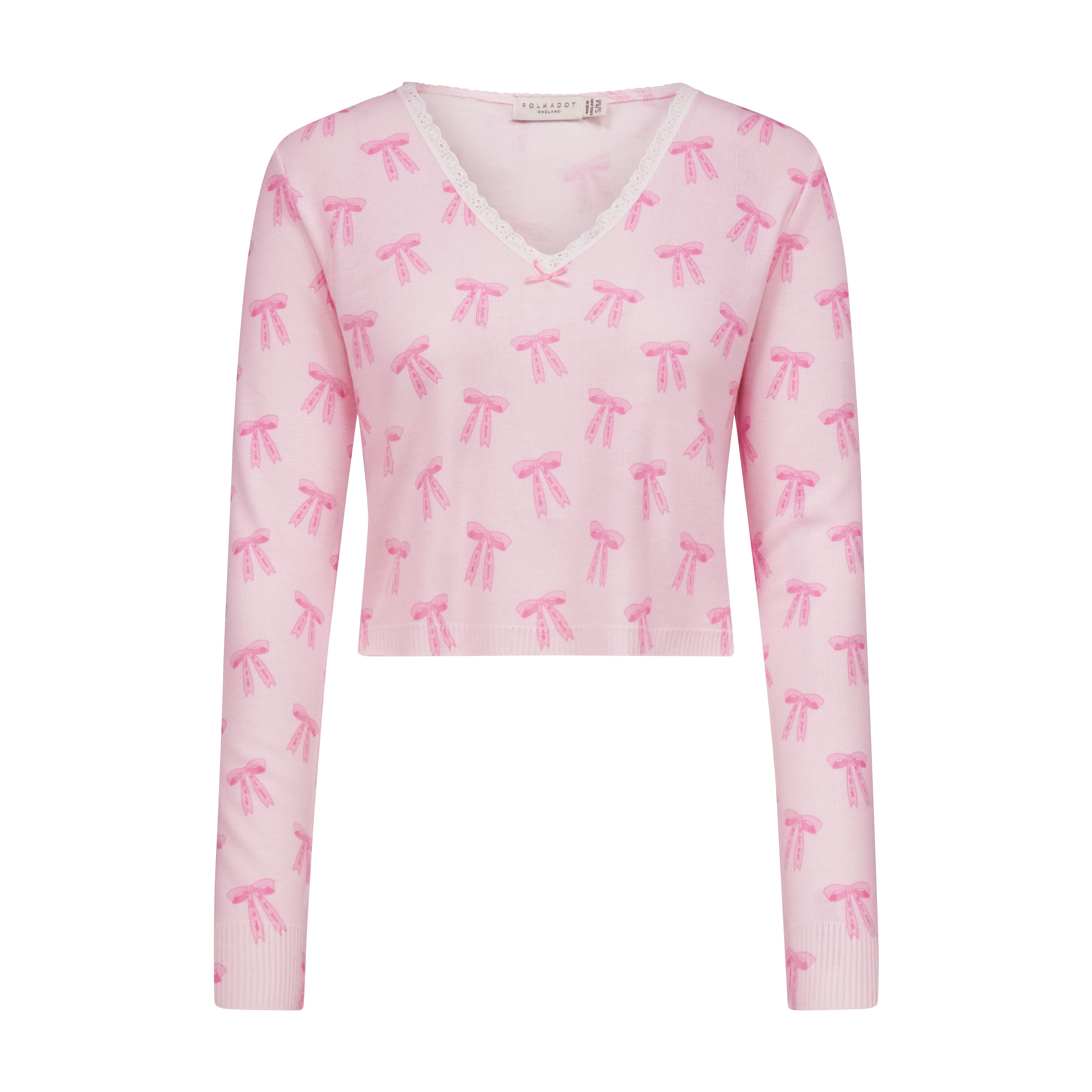 SET Crop V Slouchy & Long Pant - Pink Forever Love Bow