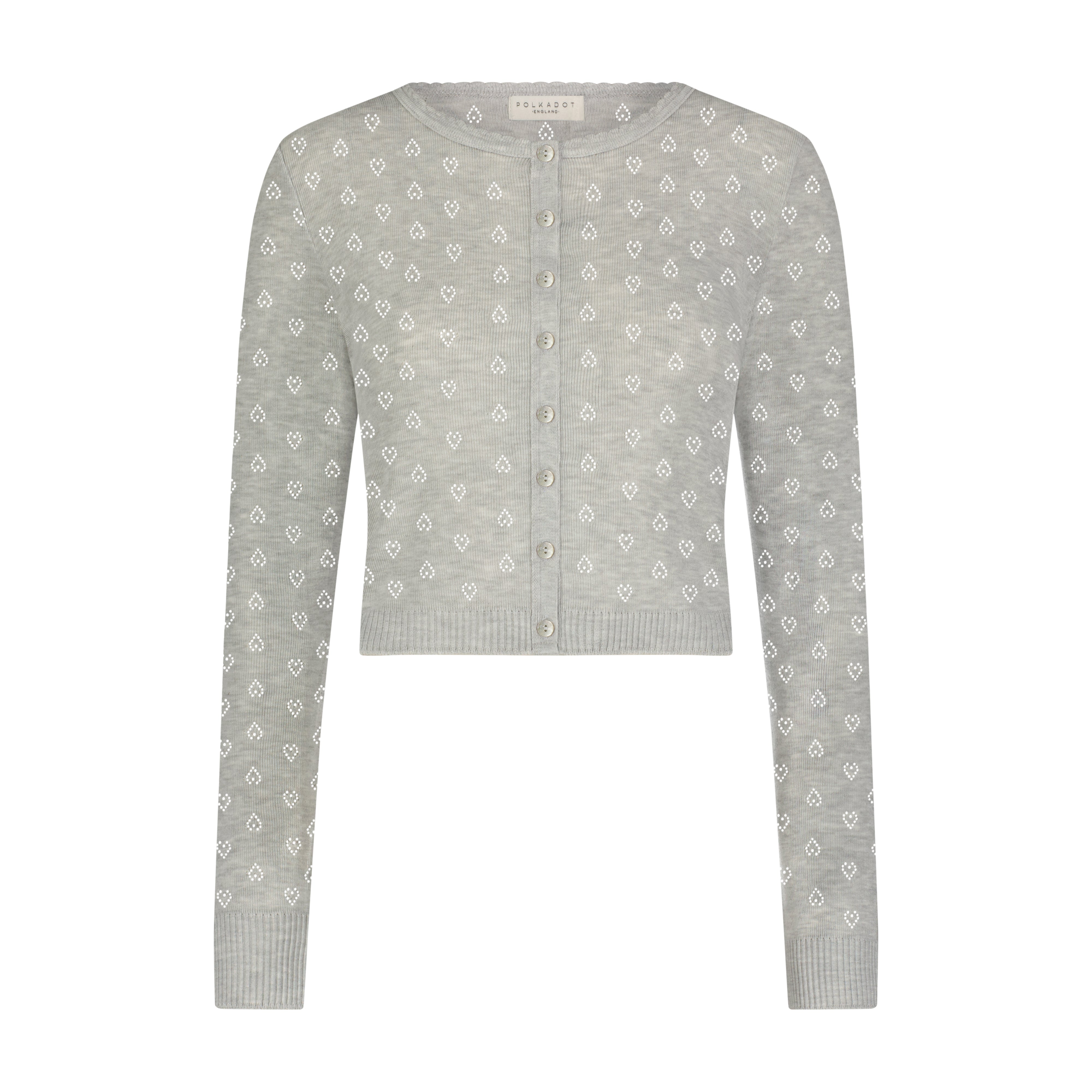 CROP CARDIGAN Heather Grey Hearts Pointelle -New!