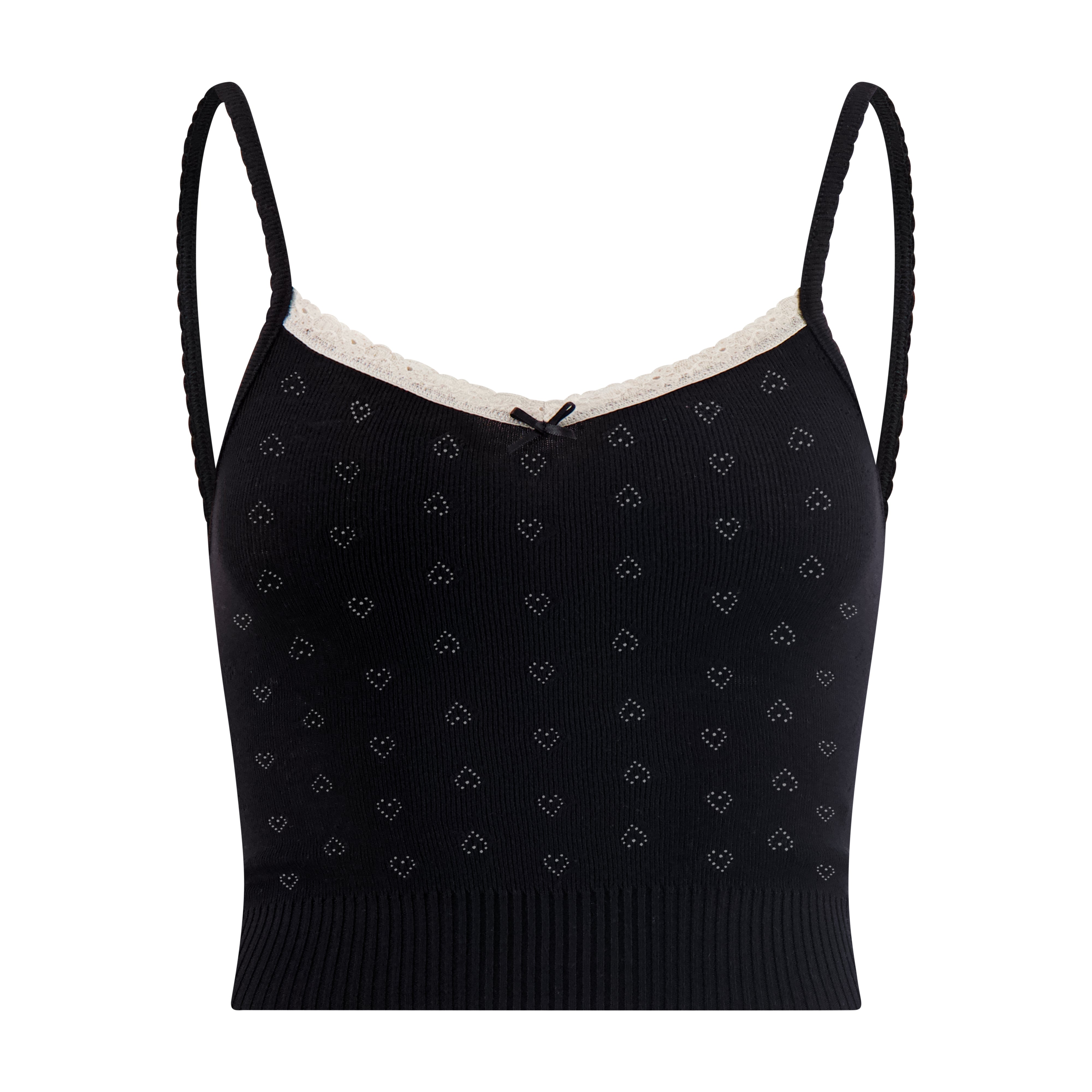 Liz Cropped Cami - Black Hearts Pointelle w Ecru Lace
