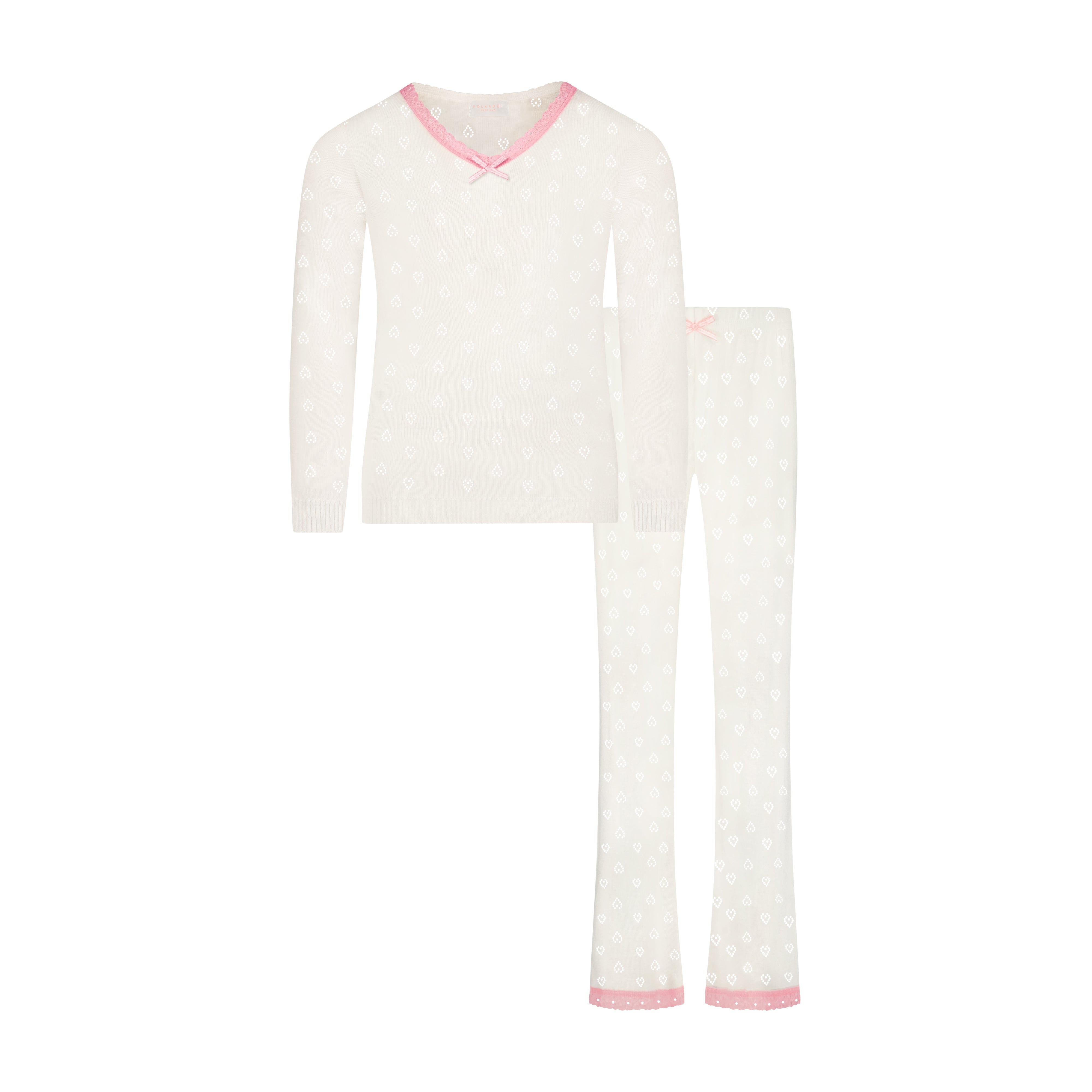 Girls Set V LS w Wide Leg Pant - Ivory Hearts Pointelle