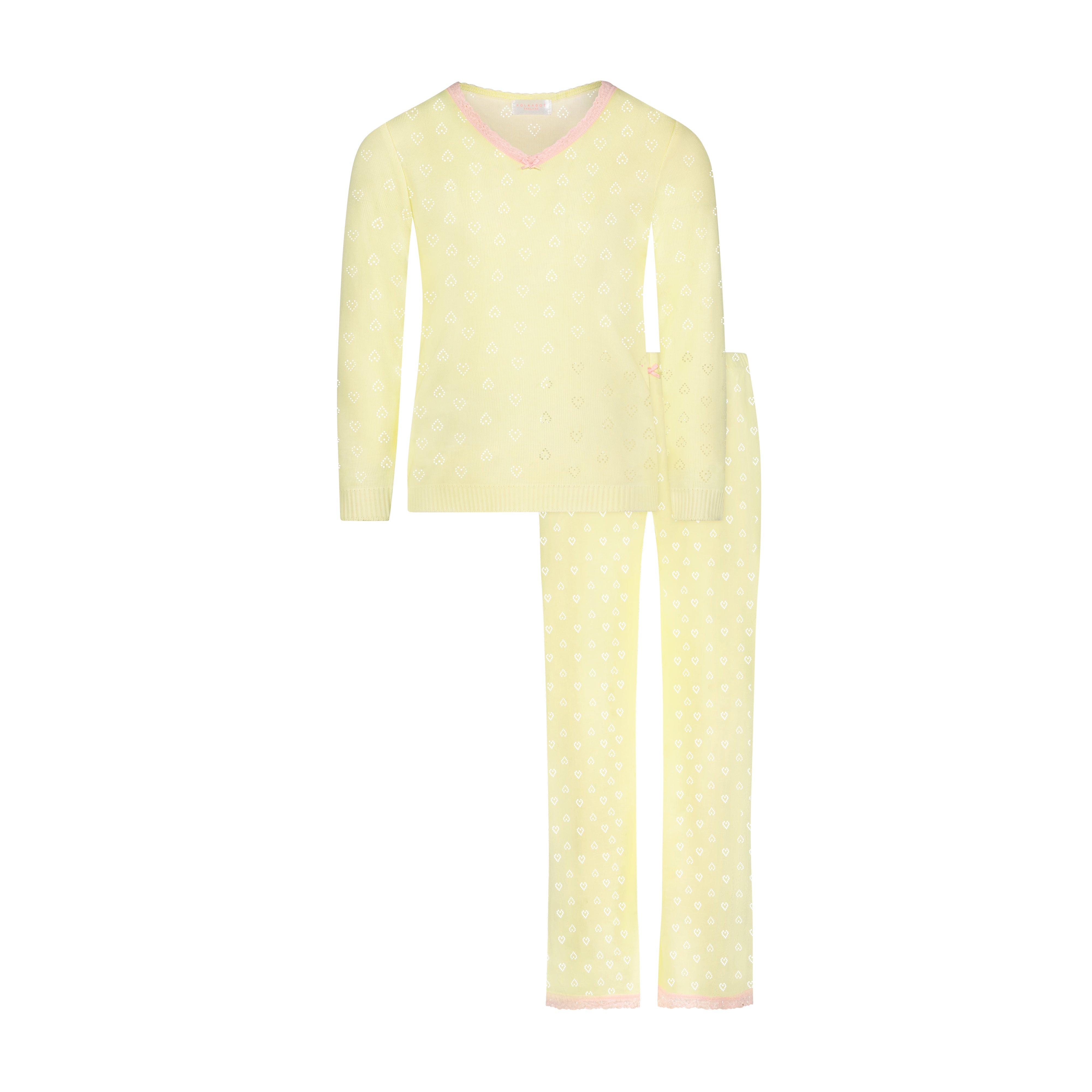Girls & Baby Set V Long Sleeve w Wide Leg Pant - Lemon Hearts Pointelle