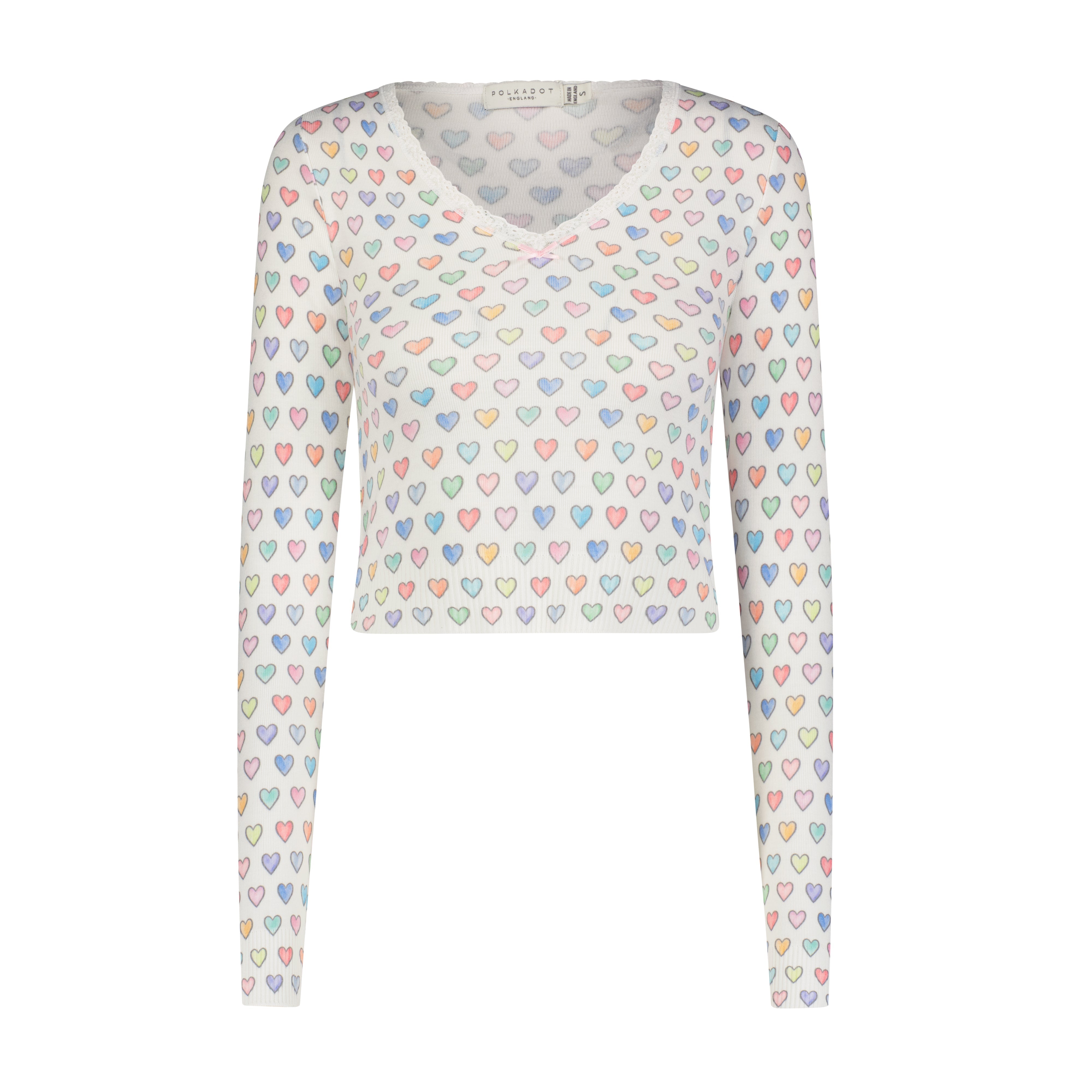 Barbie Cropped V Long Sleeve - Rainbow Hearts Print