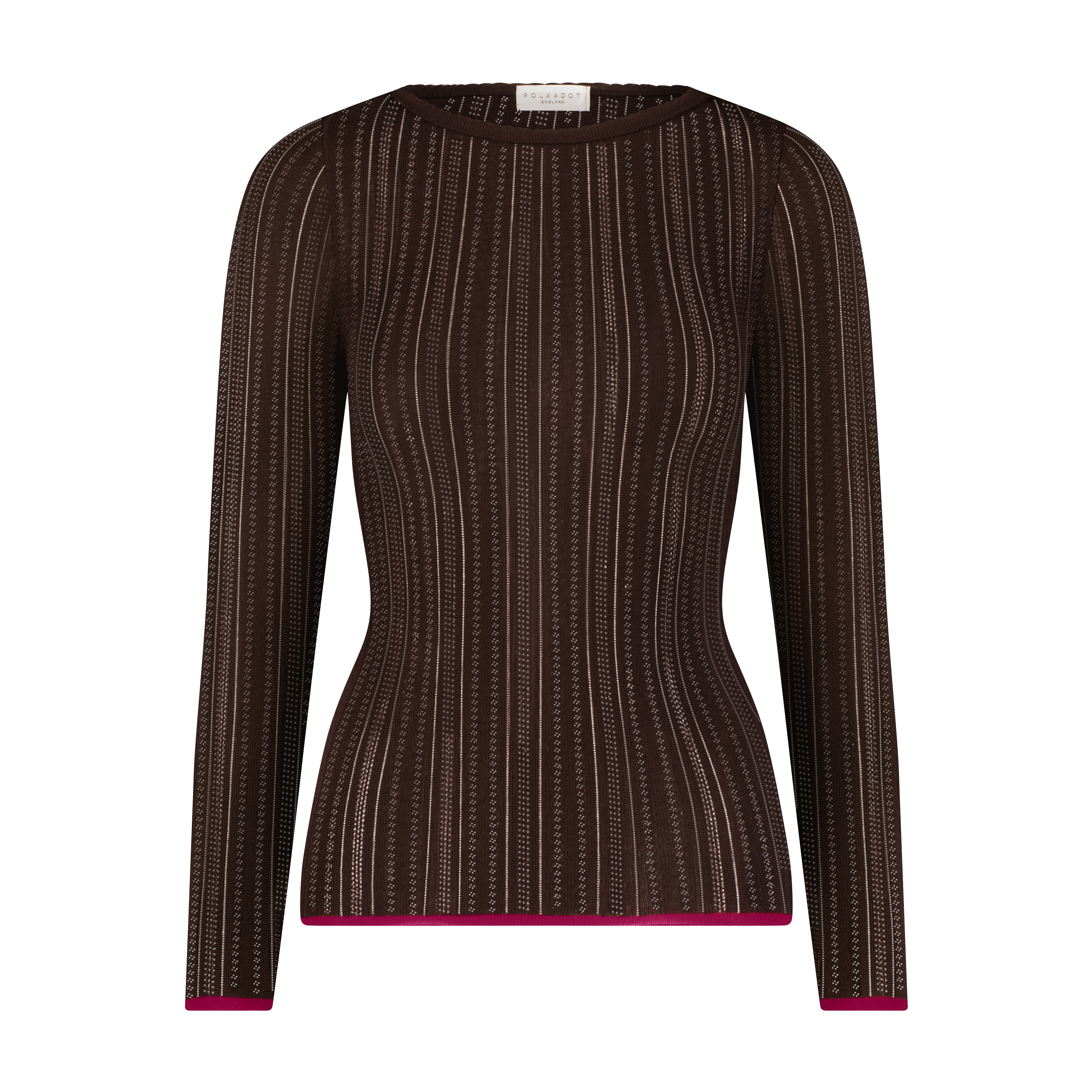 Val Crew Fitted Long Sleeve - Brown Windsor Pointelle w Mulberry Border