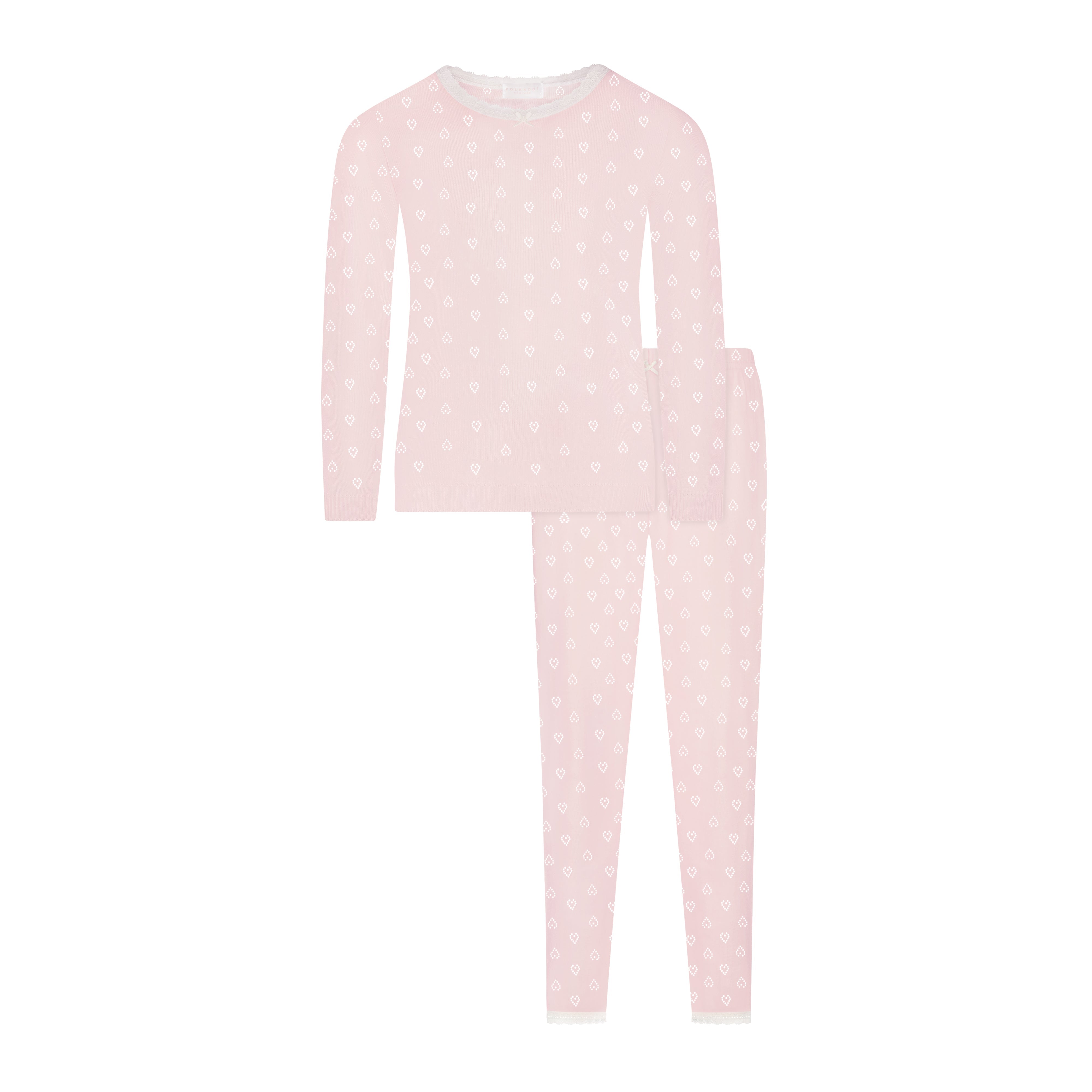 Girls & Baby Set Crew LS & Pant - Ballet Pink Hearts Pointelle