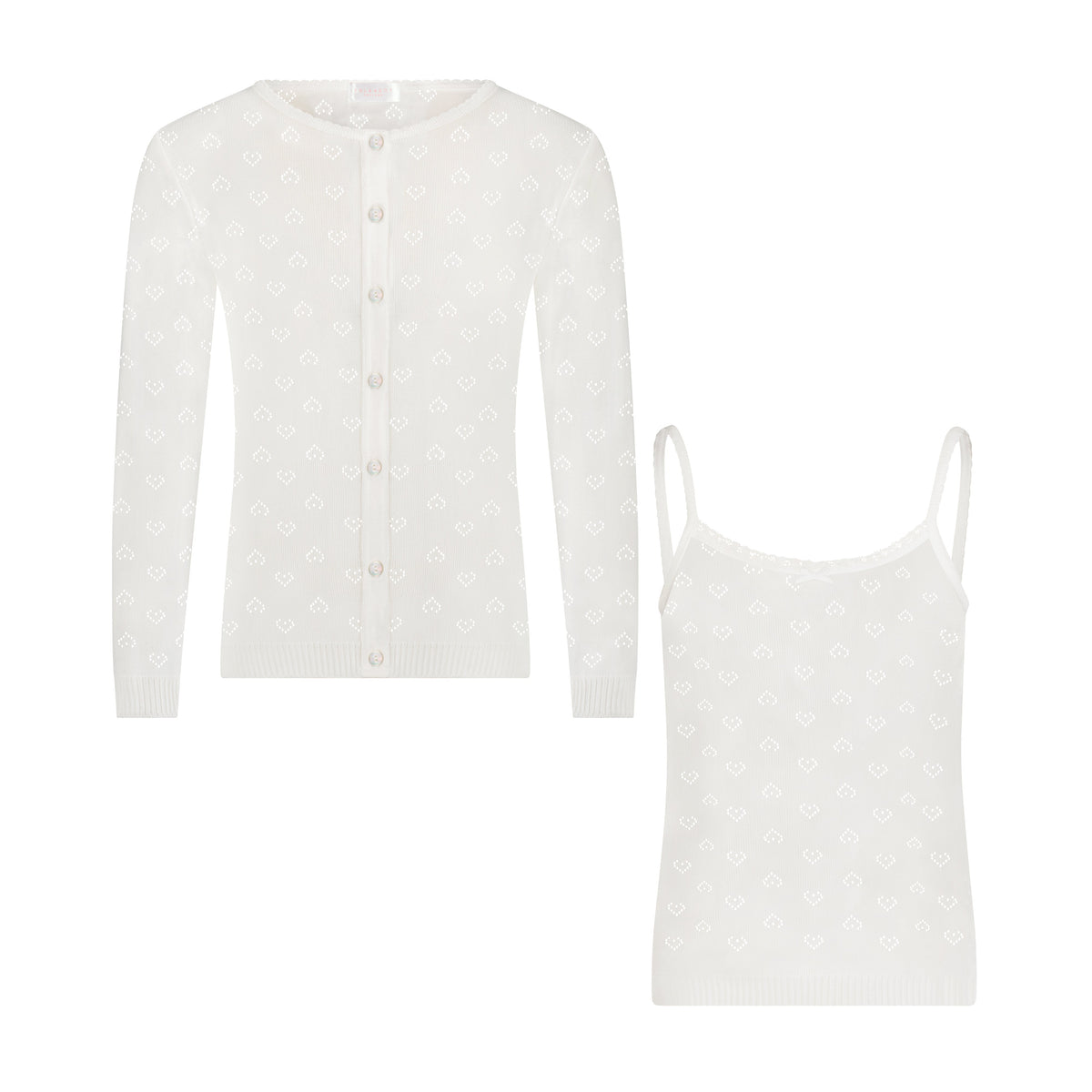 Girls Lottie Set Cardigan & Cami - Ivory Hearts Pointelle