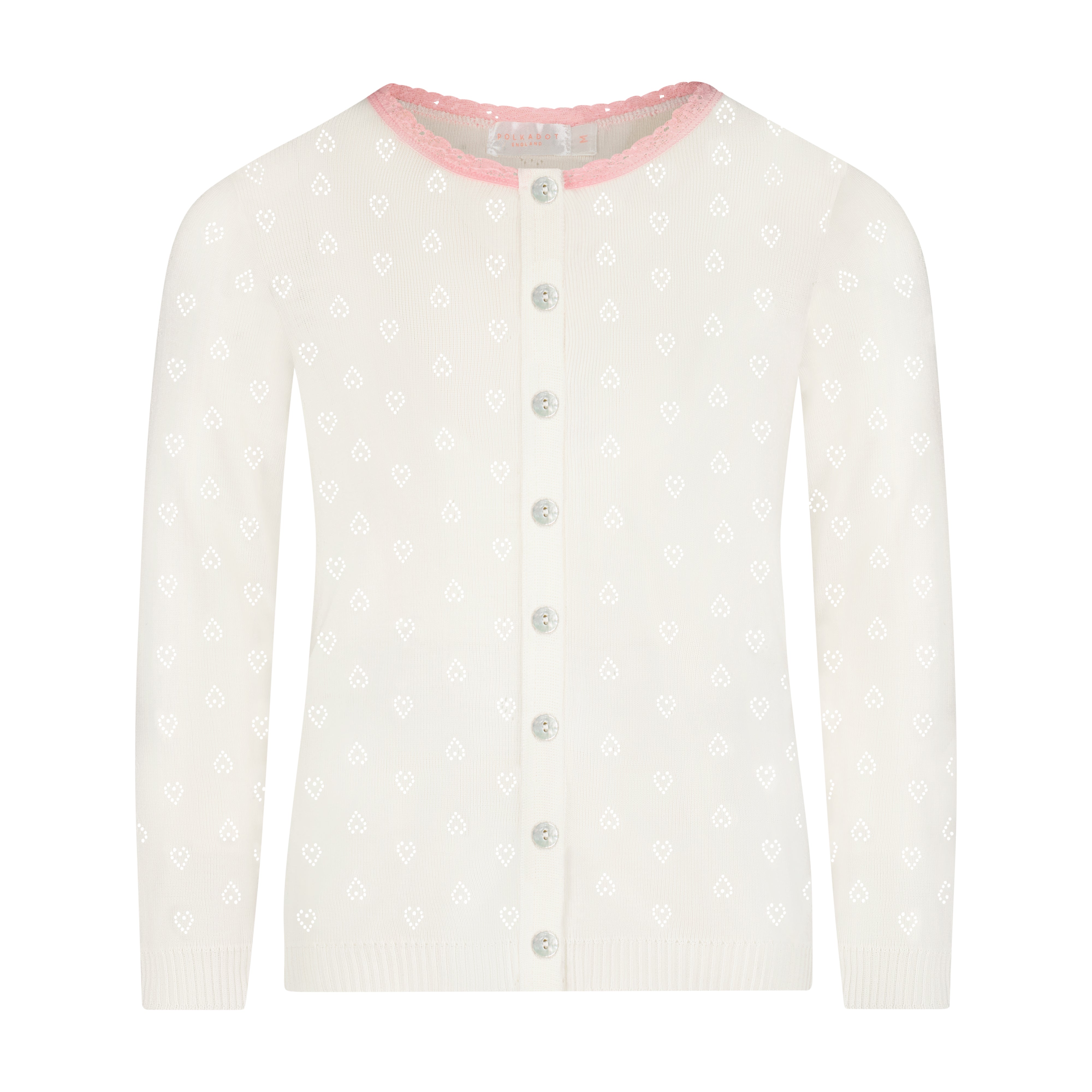 Girls Cardigan Crew - Ivory Hearts Pointelle w Pink Lace