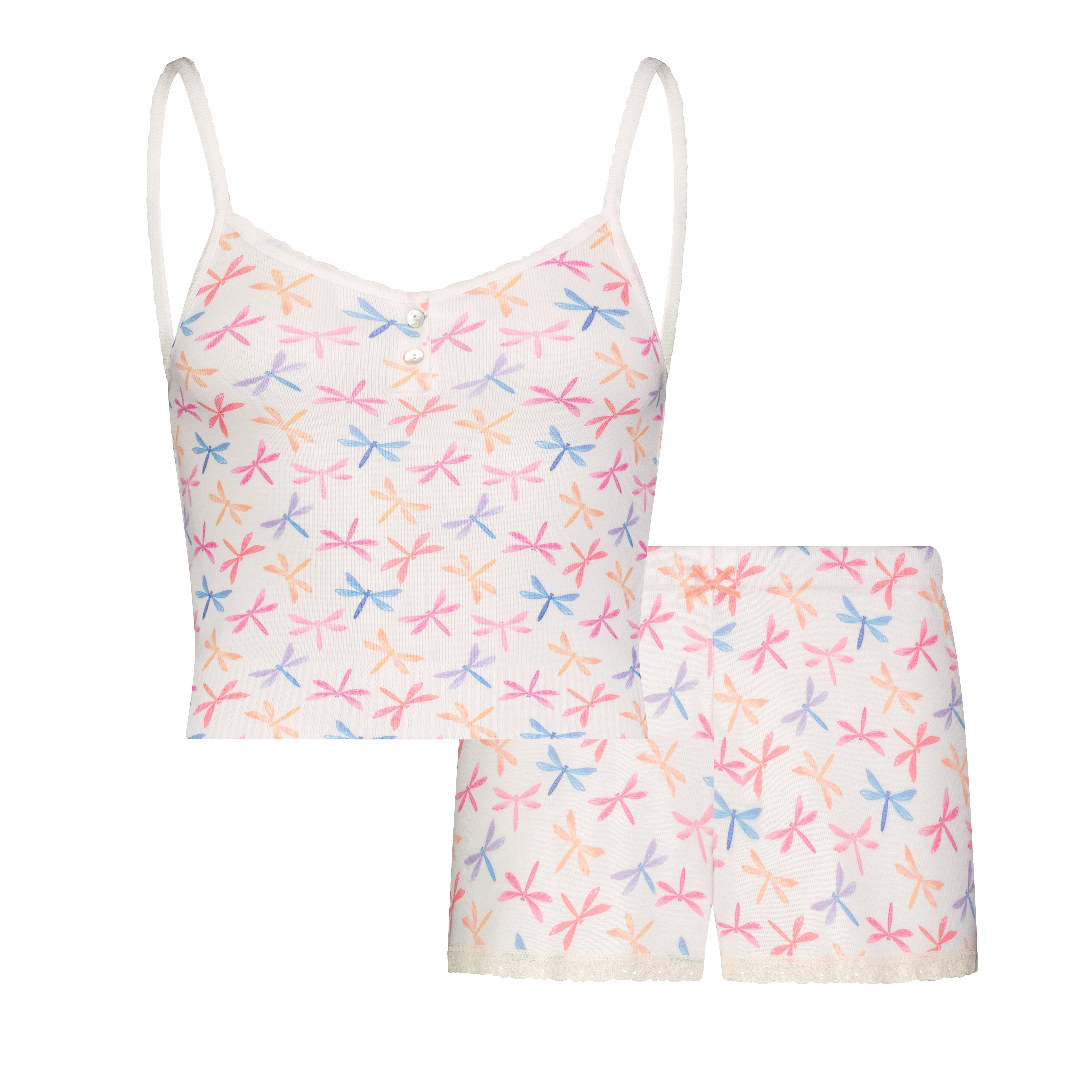 SET Crop Henley Cami & Short Mid Rise - Dragonfly Print