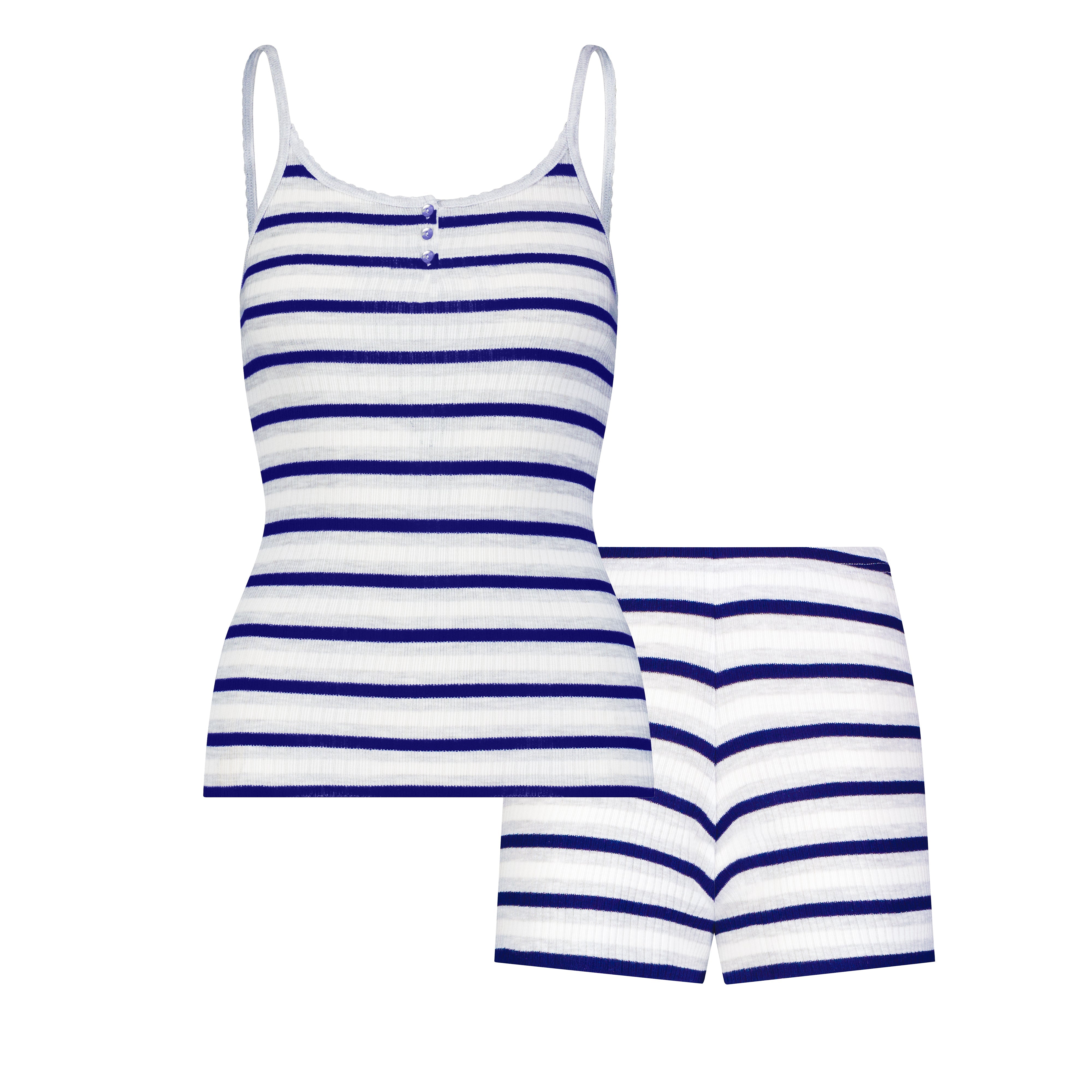 SET Henley Cami & Long Short - Navy Lee Rib Stripe