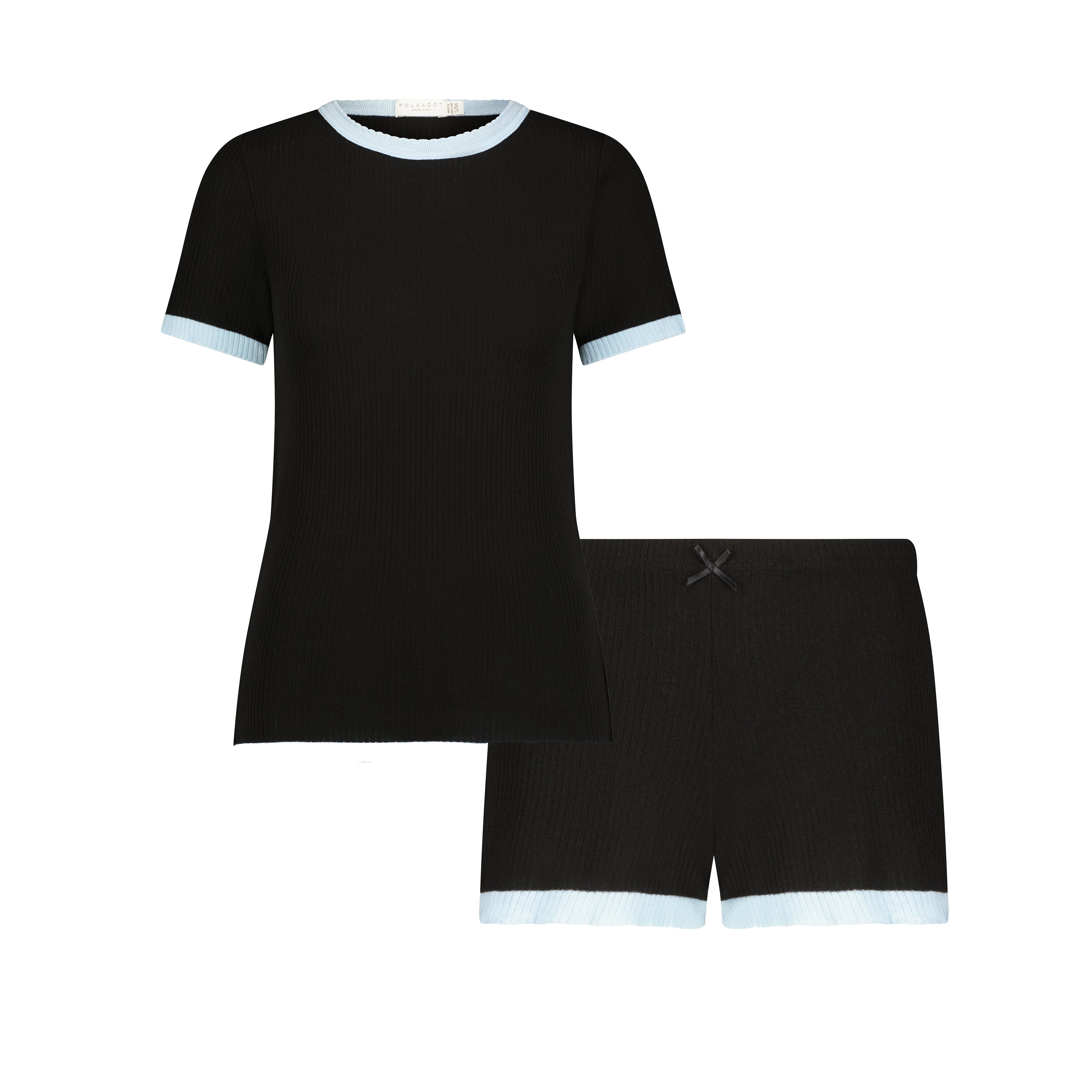SET Nan Slouchy Tee & Short Mid Rise - Black Rib Knit w Blue