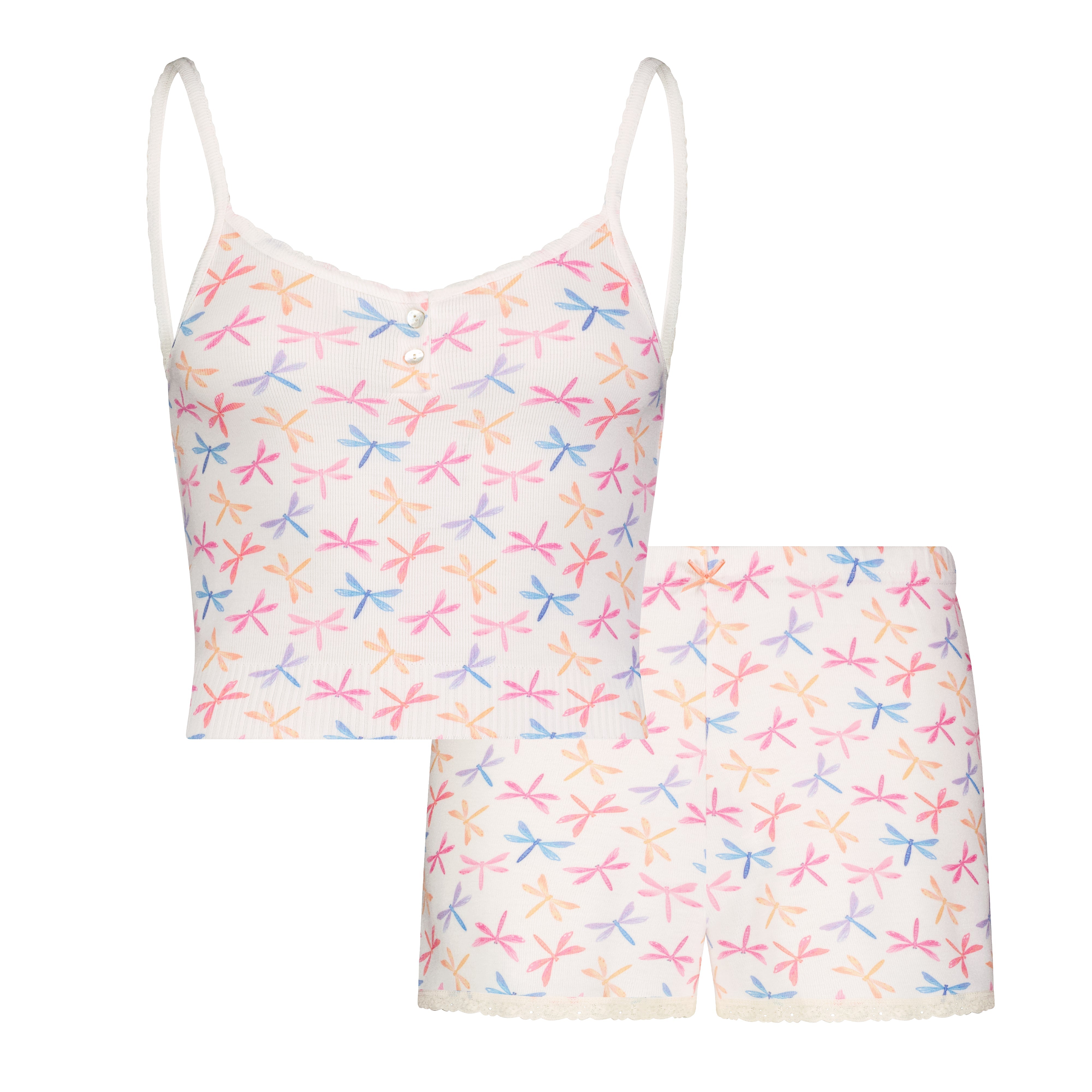 SET Crop Henley Cami & Long Short Hi Rise - Dragonfly Print