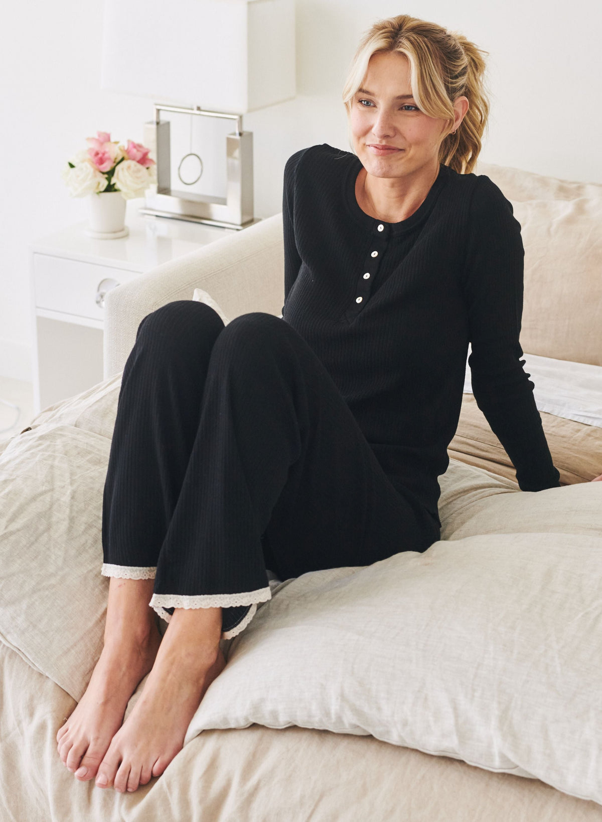 Tilly Fitted Long Sleeve Henley - Black Rib Knit With Black Velvet Placket