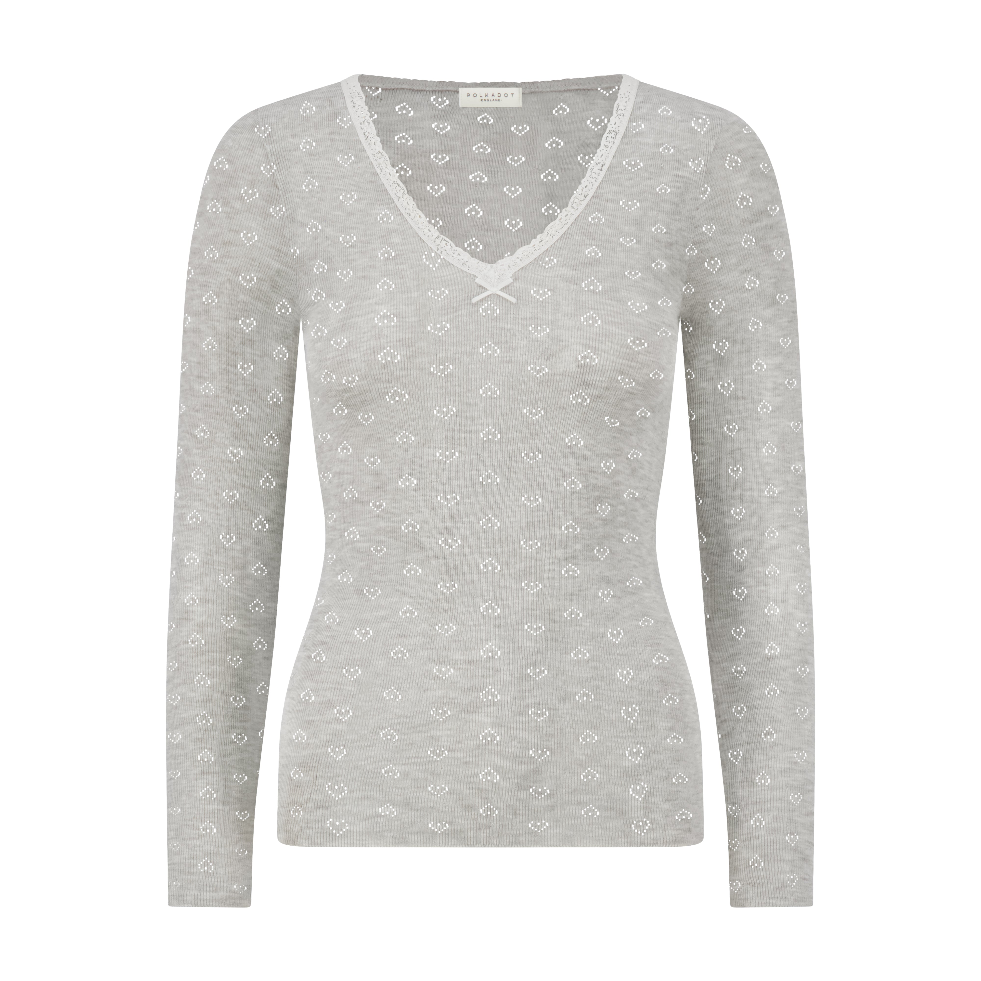 V Neck Fitted Long Sleeve - Heather Grey Hearts Pointelle