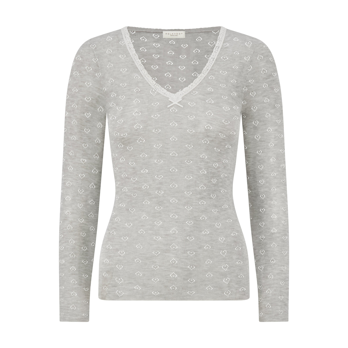 Sharon V-Neck Long Sleeve Tee - Heather Grey Hearts Pointelle