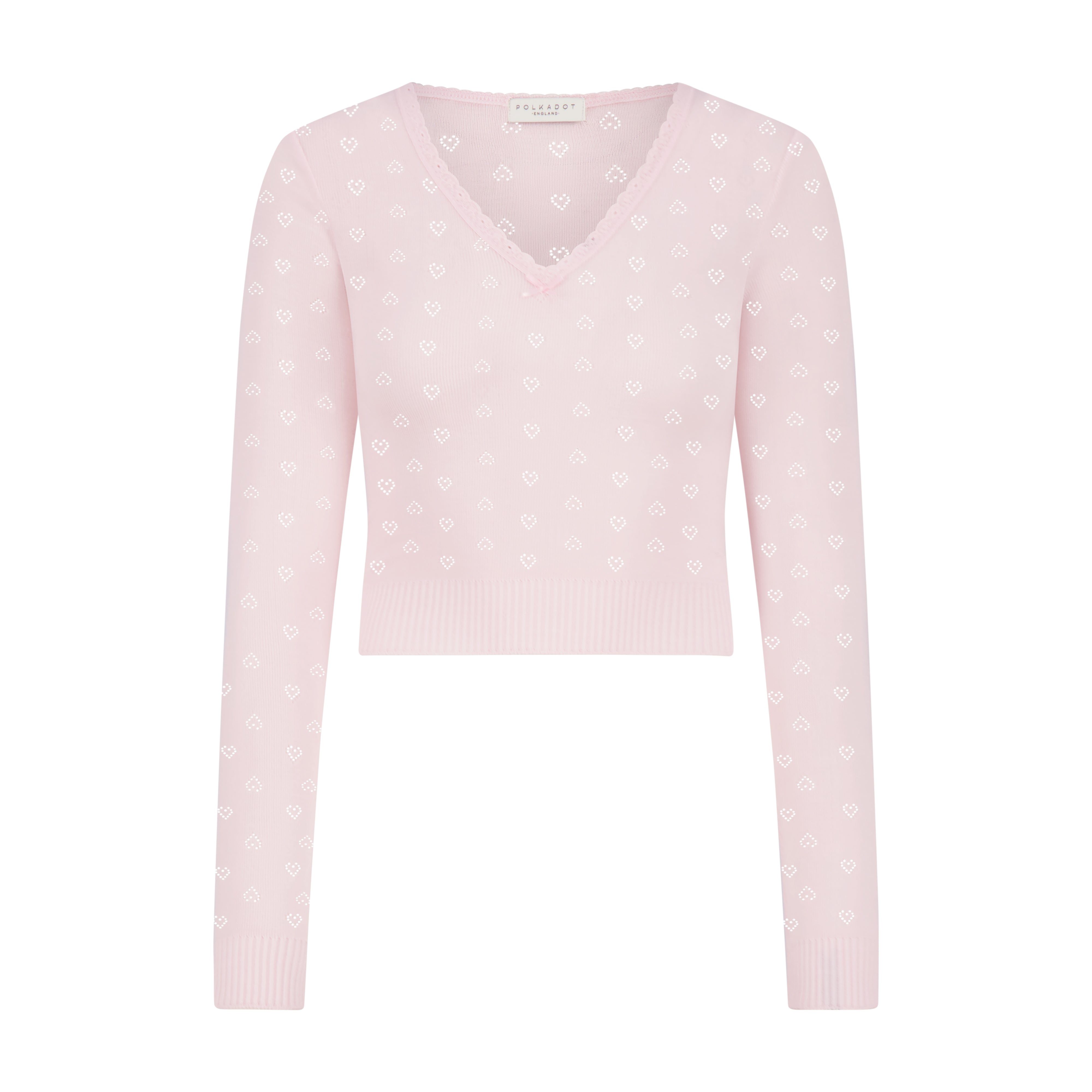 Barbie Cropped V Long Sleeve - Shell Pink Hearts Pointelle