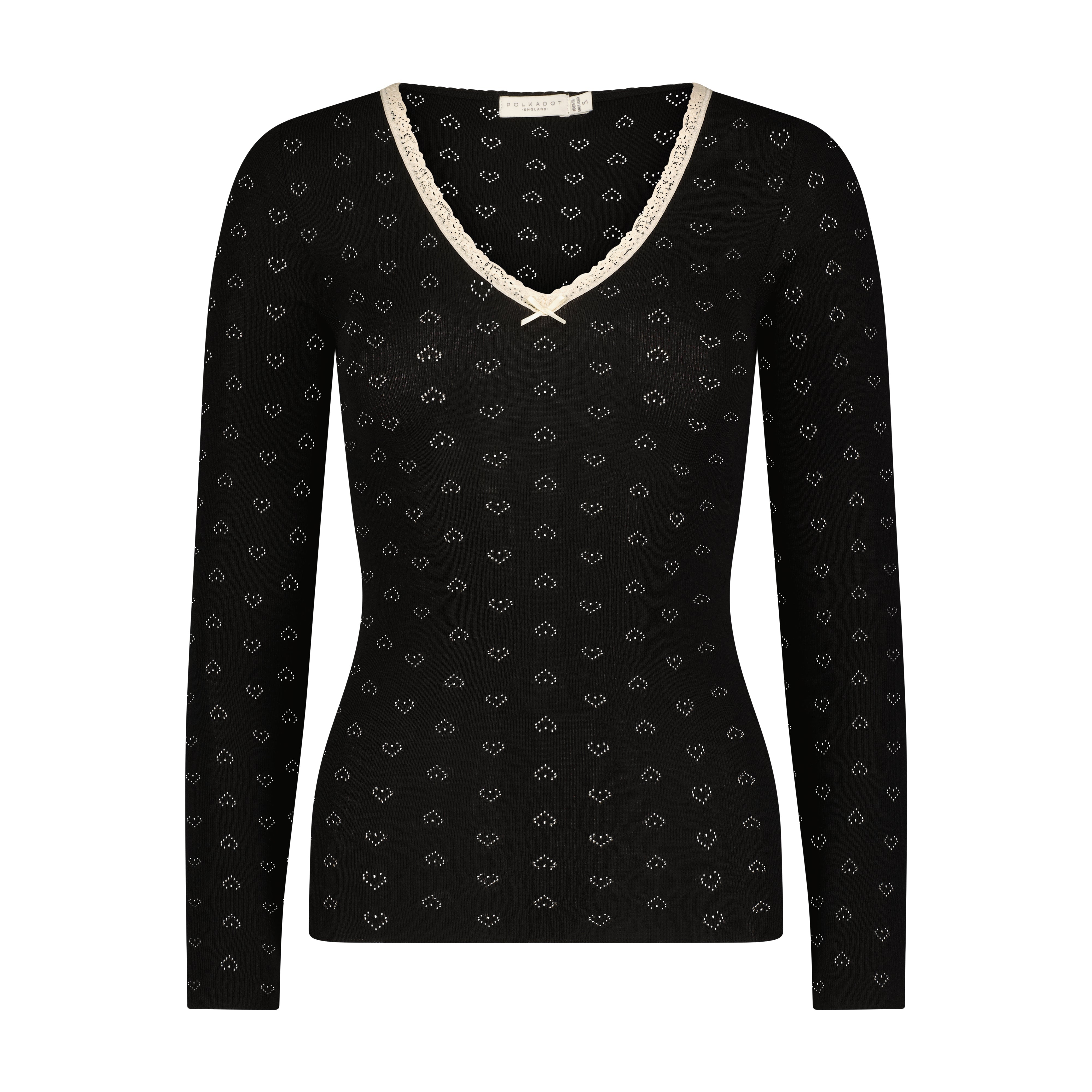 V Neck Long Sleeve - Black Hearts Pointelle
