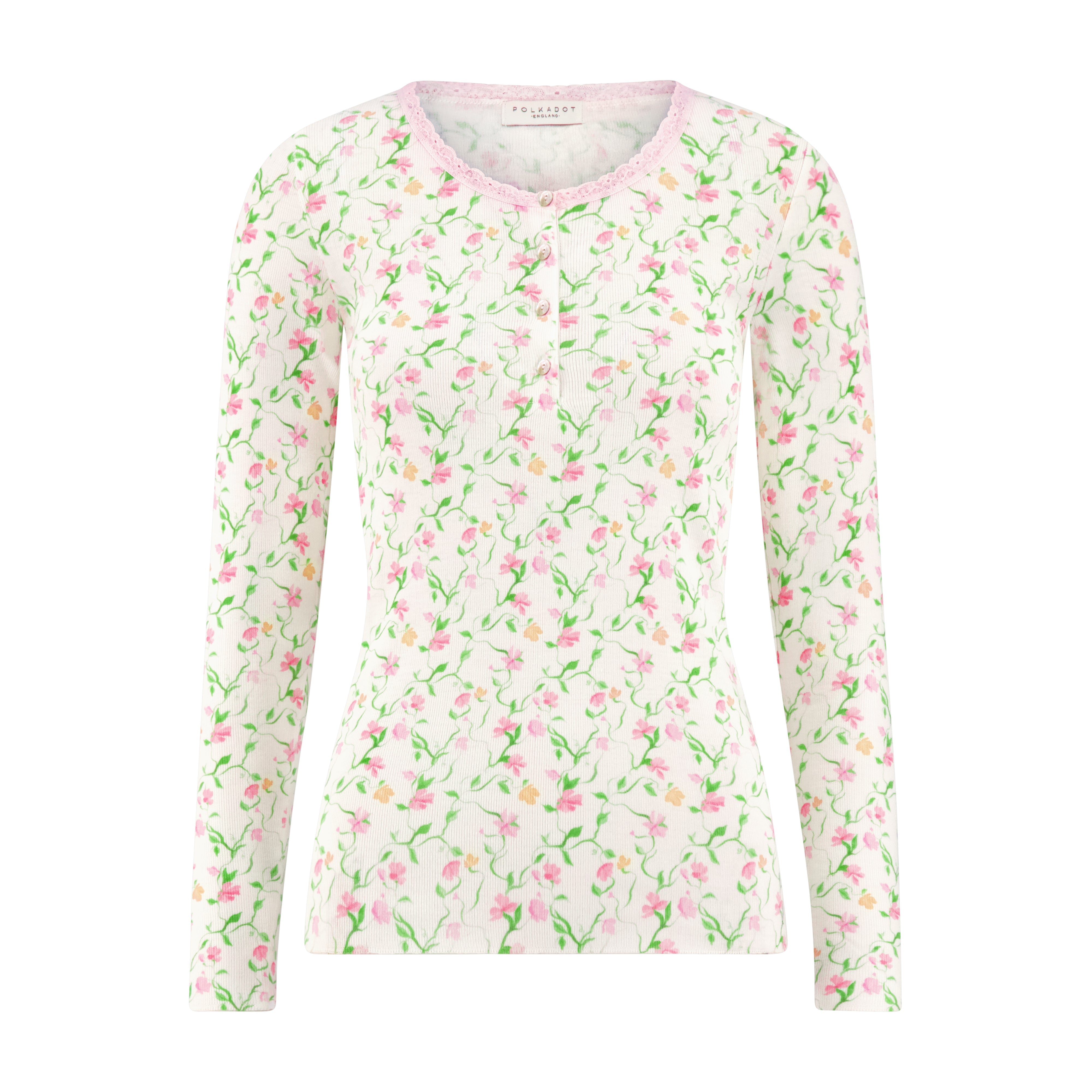 Henley Fitted 4 Button w Lace - Sweet Pea Print