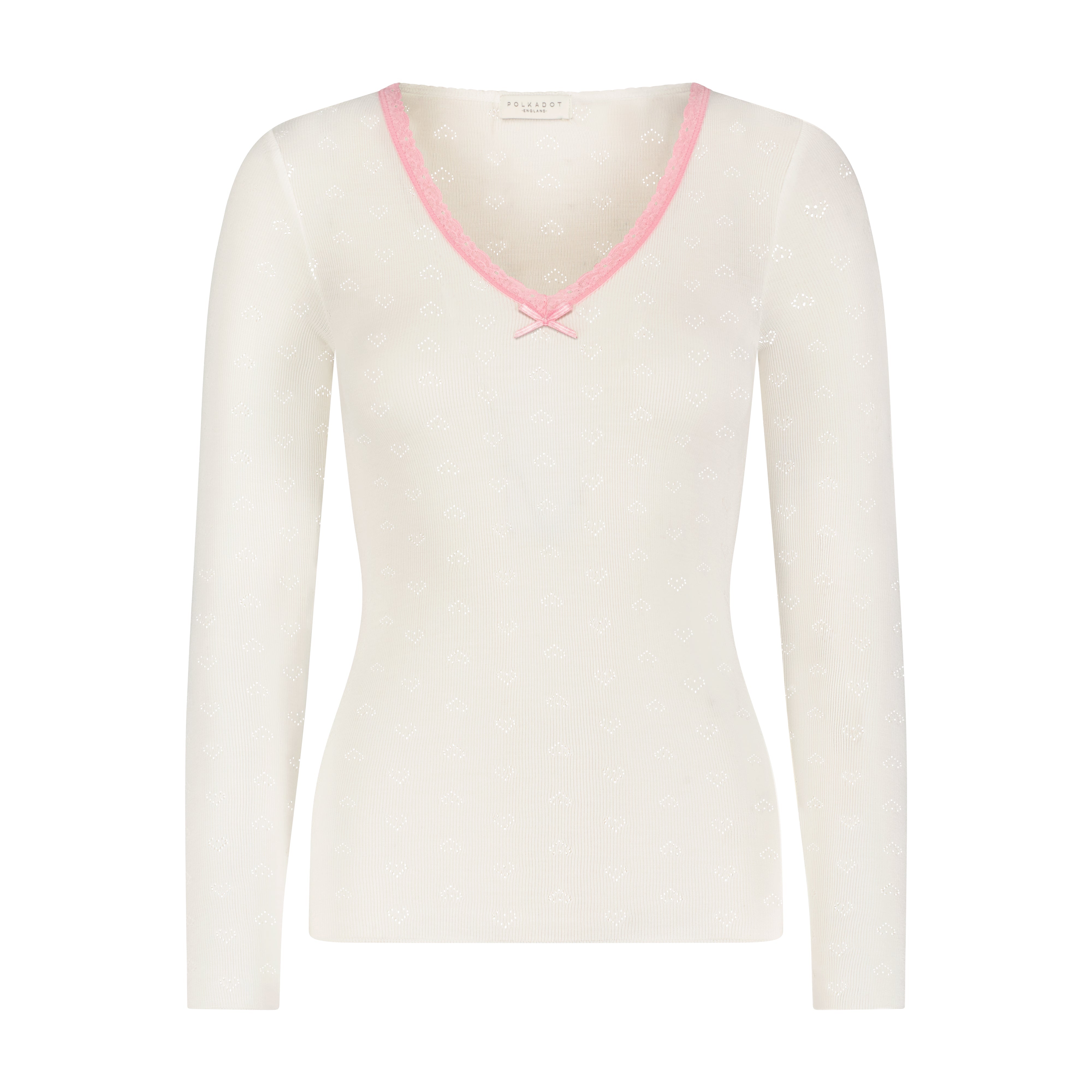 V Neck Long Sleeve - Ivory Hearts Pointelle