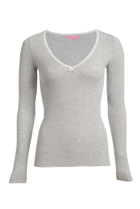 Sharon V-Neck Long Sleeve Tee - Heather Grey Rib Knit