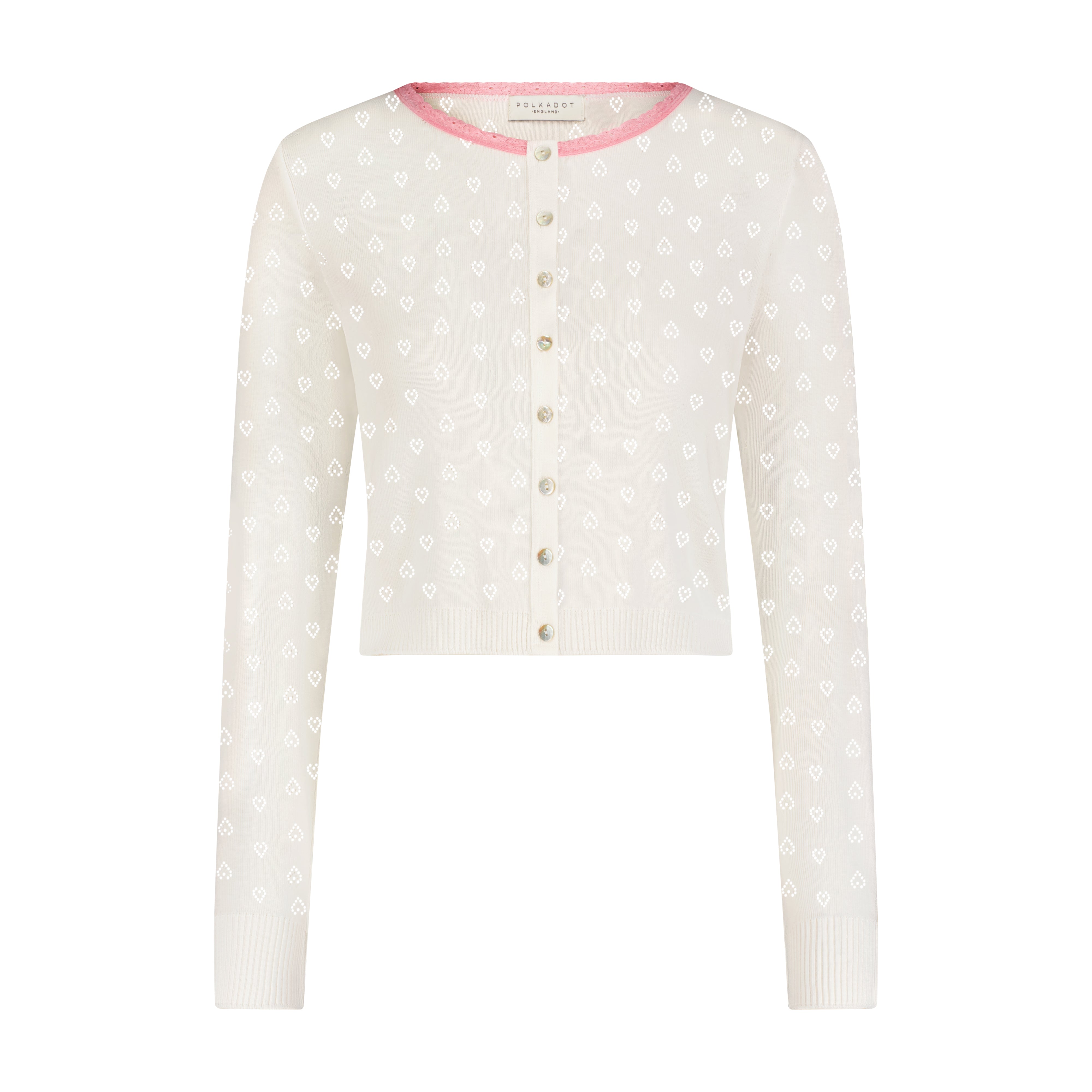 Cropped Cardigan - Ivory Hearts Pointelle w Pink Lace
