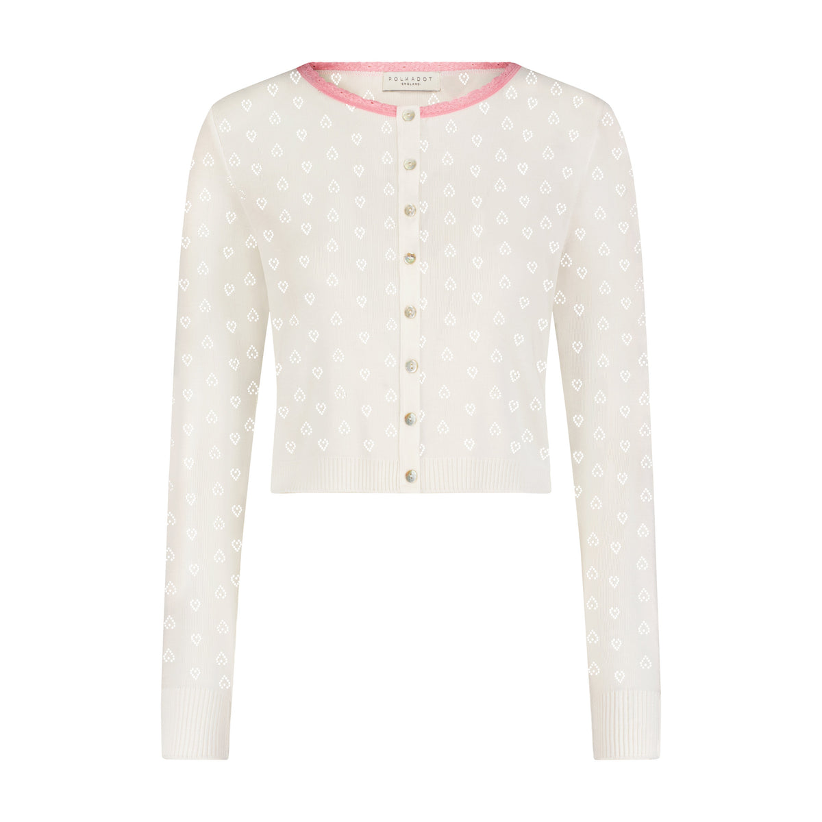 Cropped Cardigan - Ivory Hearts Pointelle w Pink Lace