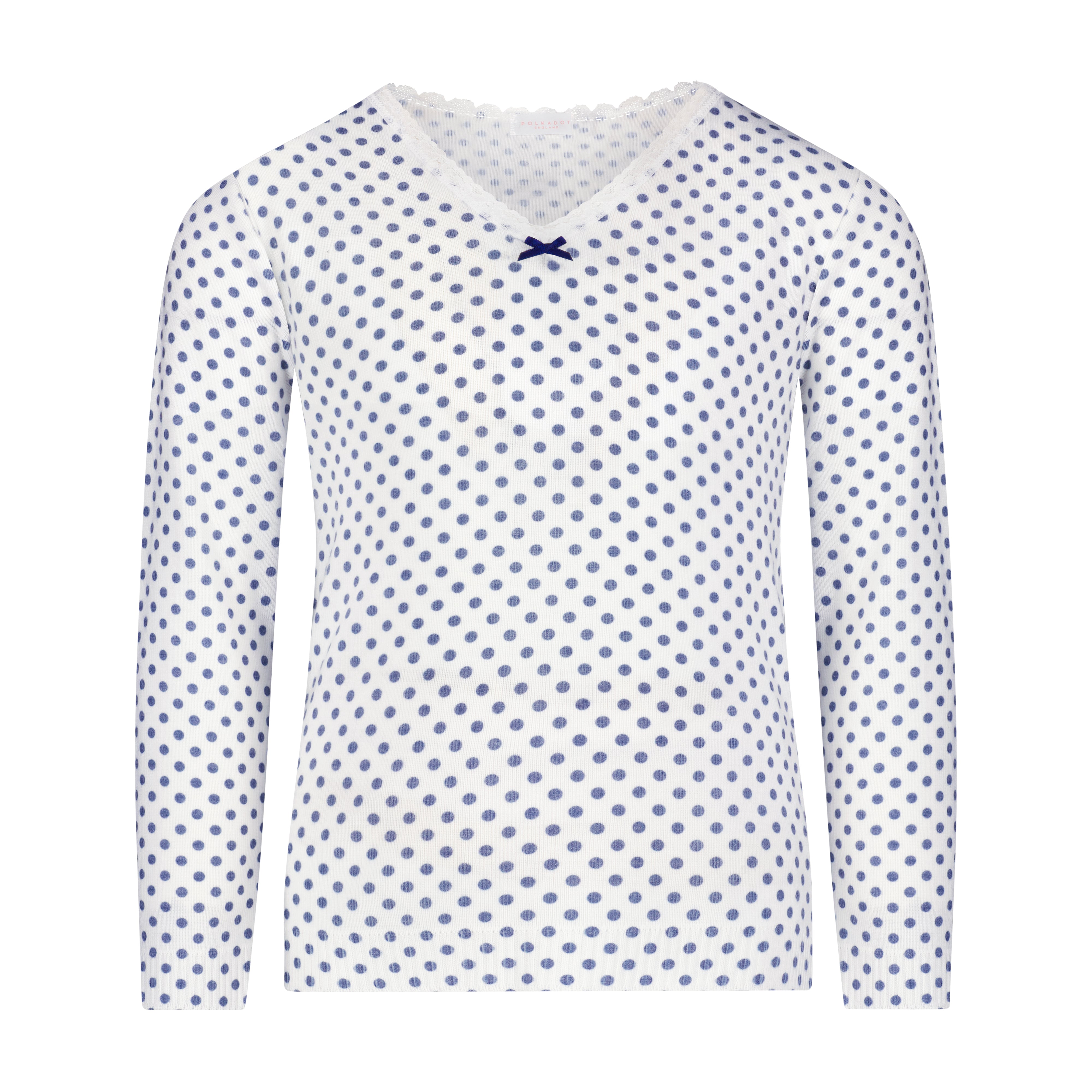 Girls Set V Neck Long Sleeve & Pant - Navy Dot Print