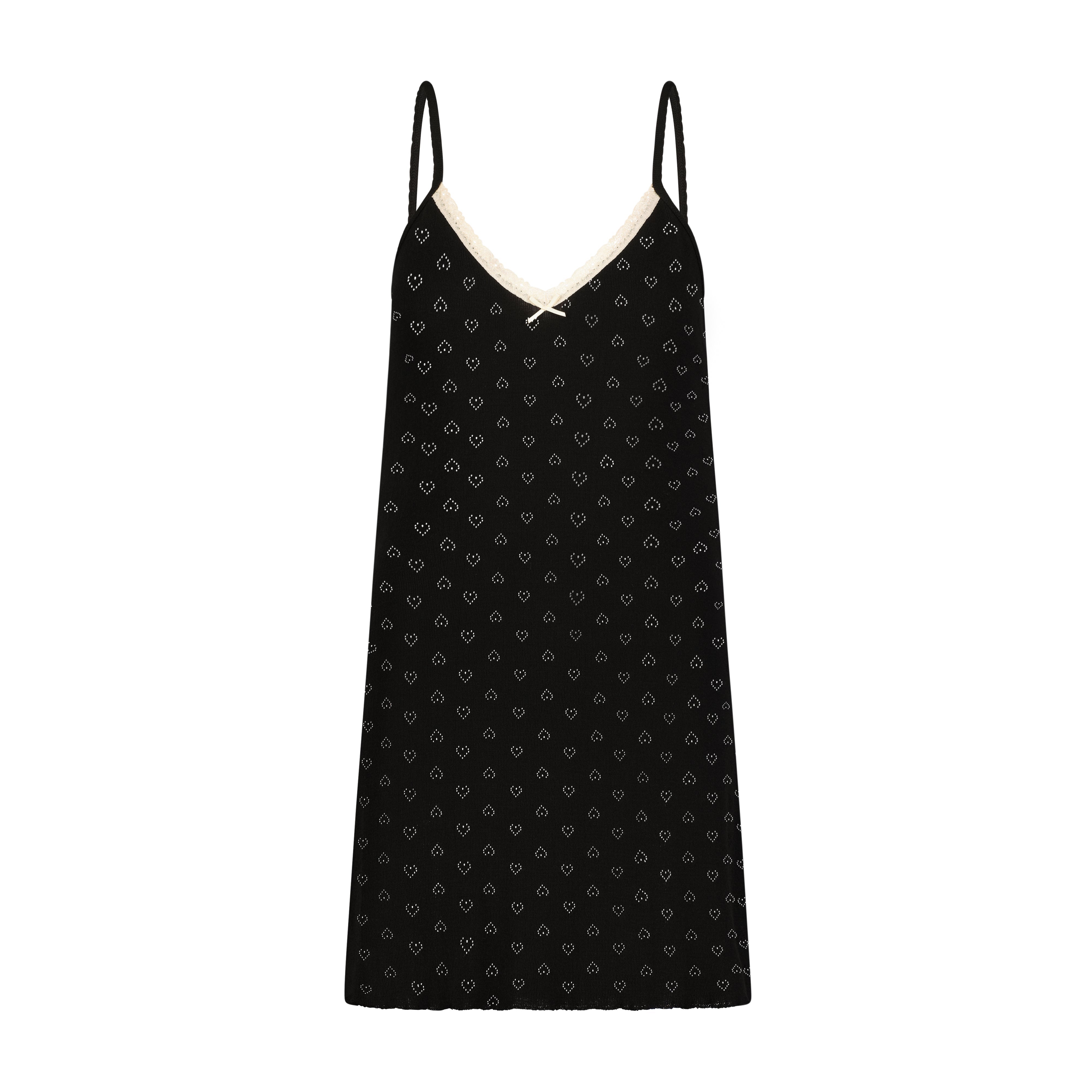 A Line Short Gown - Black Hearts Pointelle w Ecru Lace