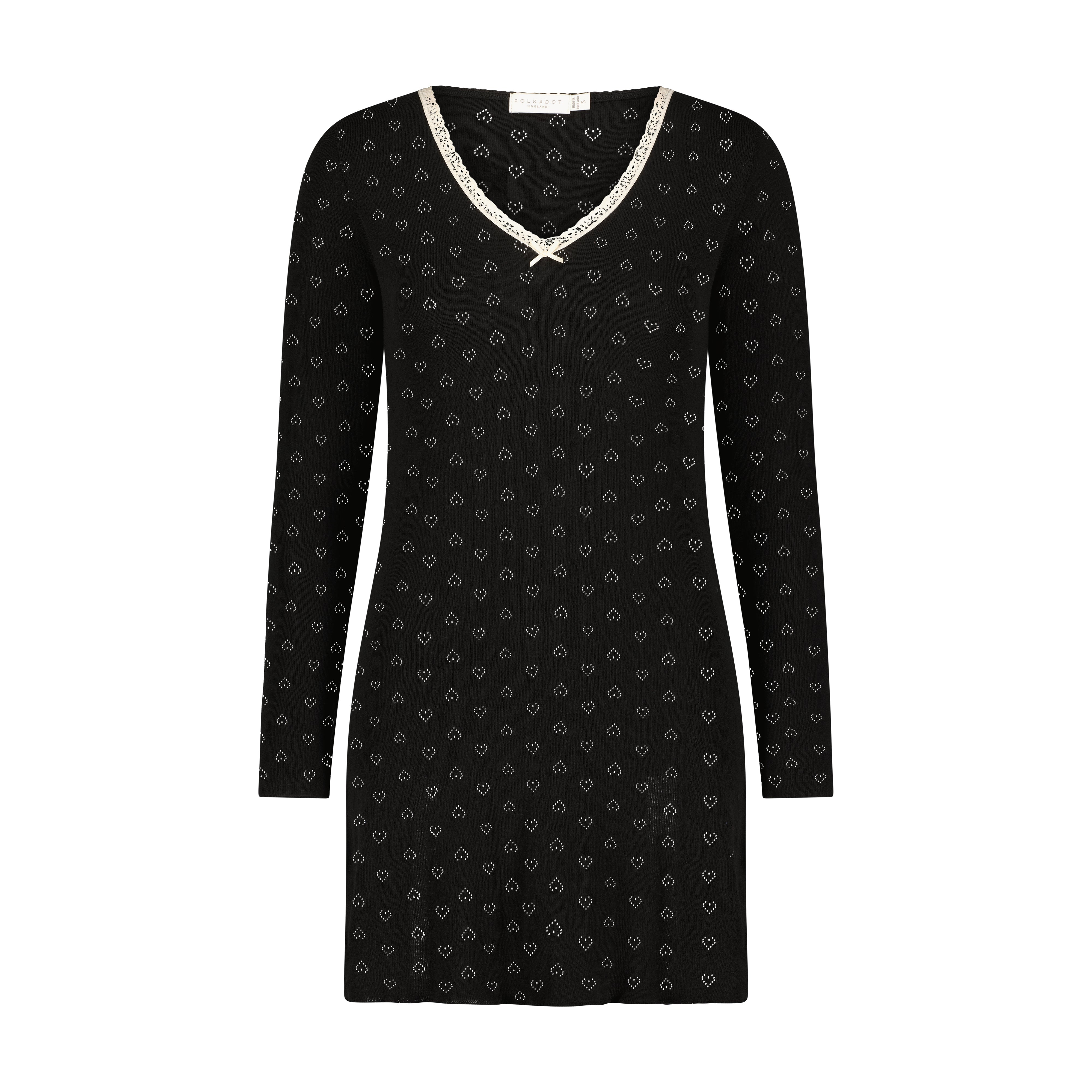 Chemise V Long Sleeve - Black Hearts Pointelle w Ecru Lace