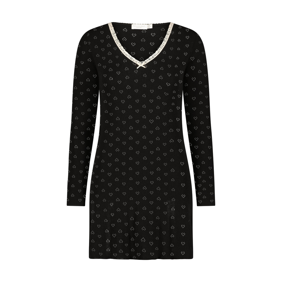 Alice V-Neck Long Sleeve Chemise - Black Hearts Pointelle w Ecru Lace