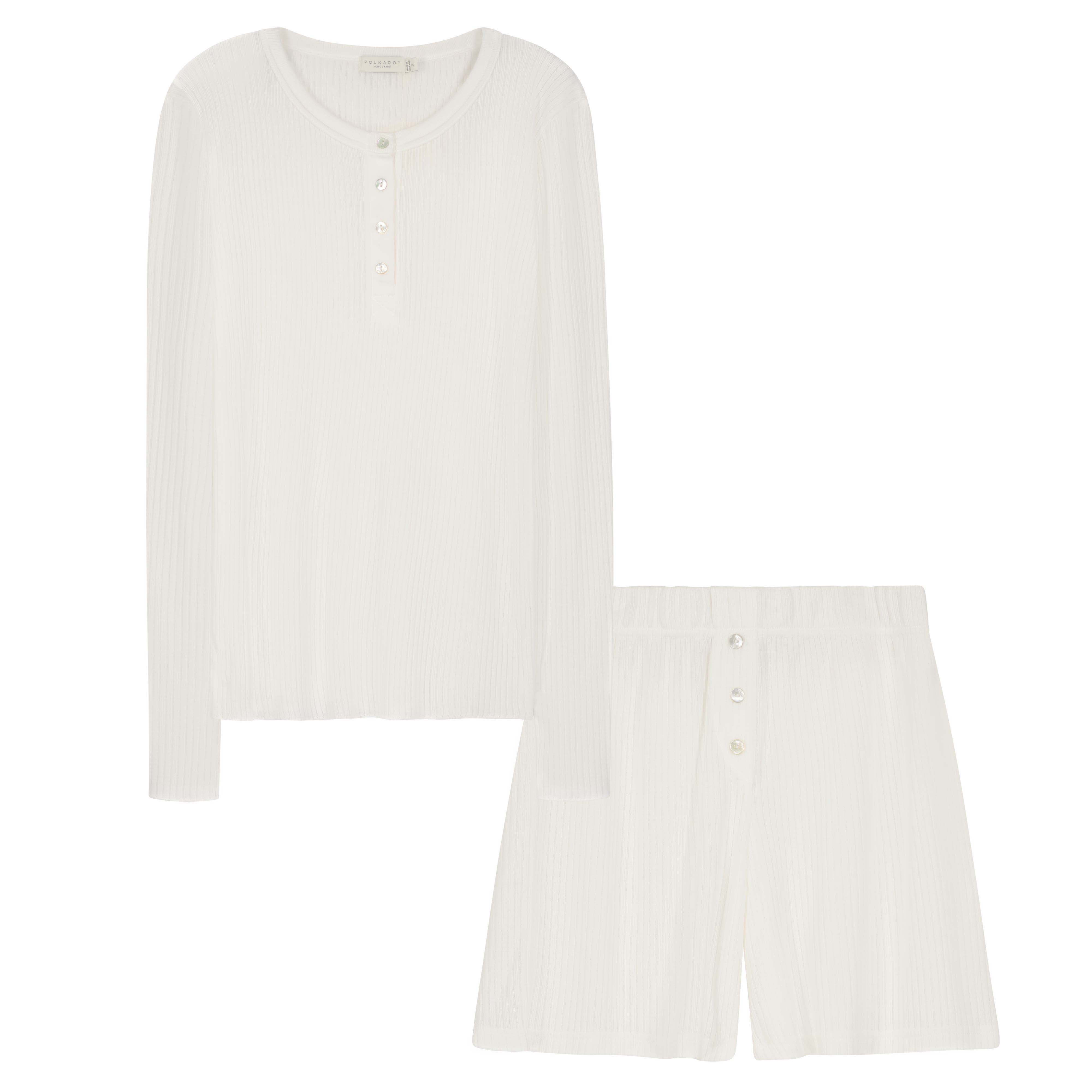 Mara Slouchy Rib Short Set - Pearl White Rib Knit
