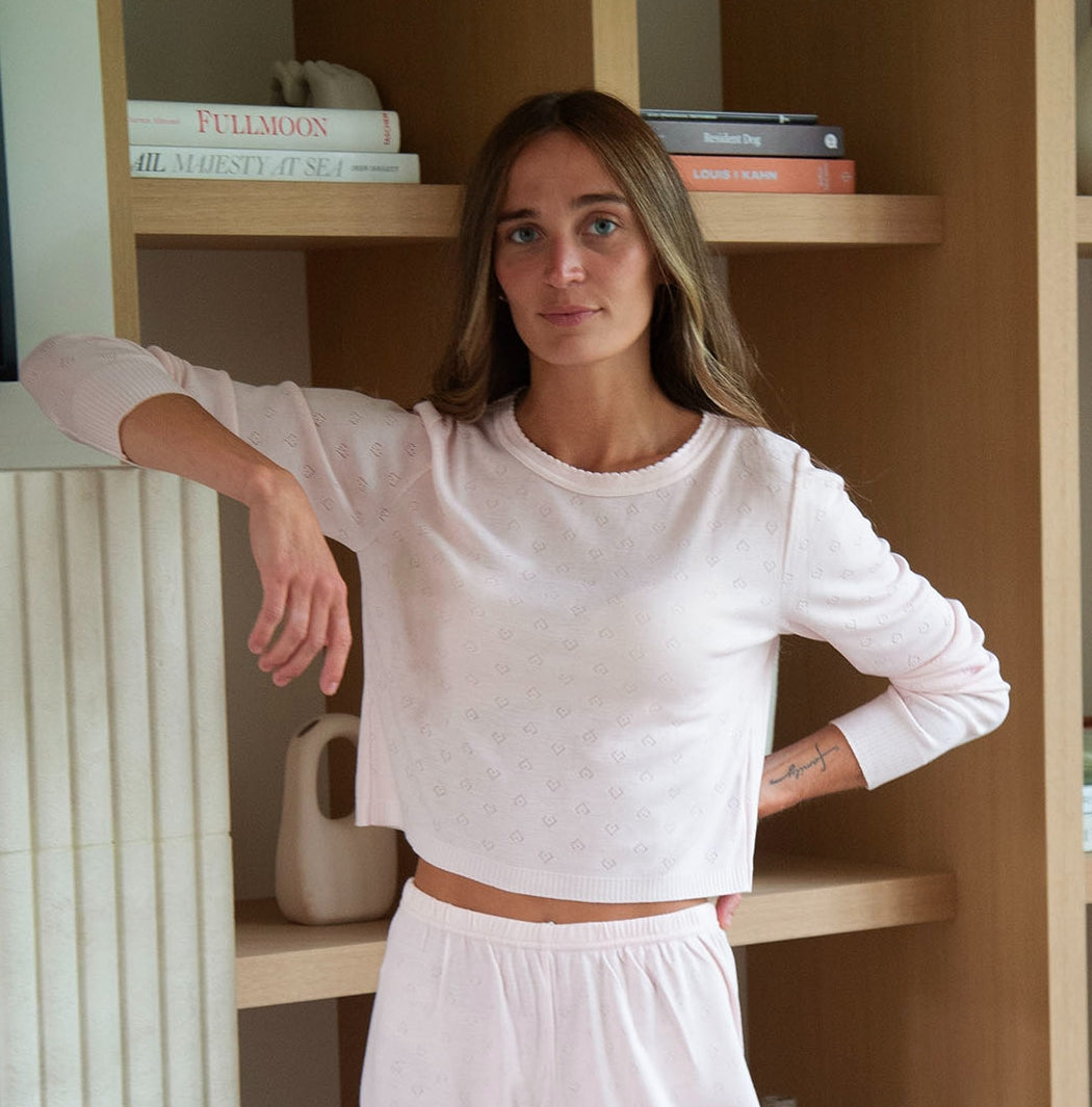 Nell Cropped Slouchy - Ballet Pink Hearts Pointelle