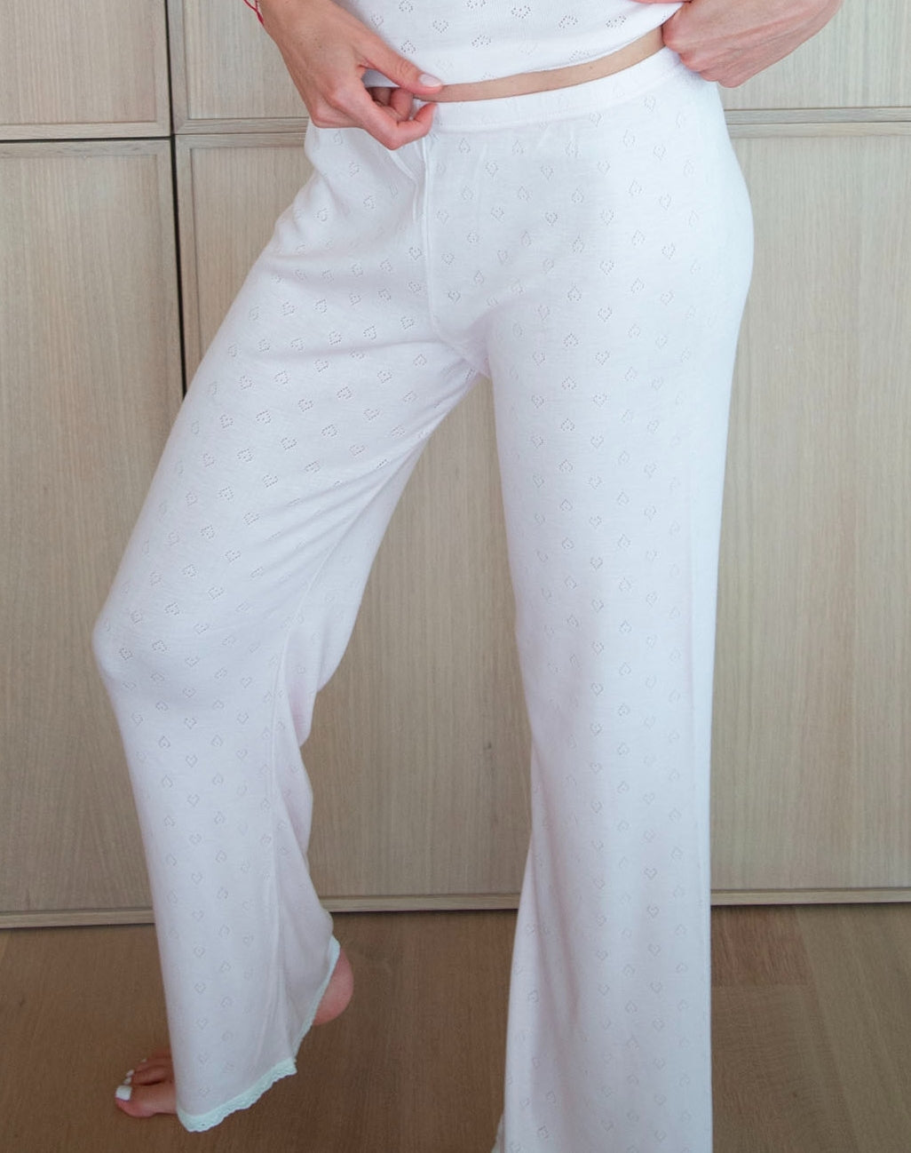 Long Pant - Ballet Pink Hearts Pointelle w Ivory Lace