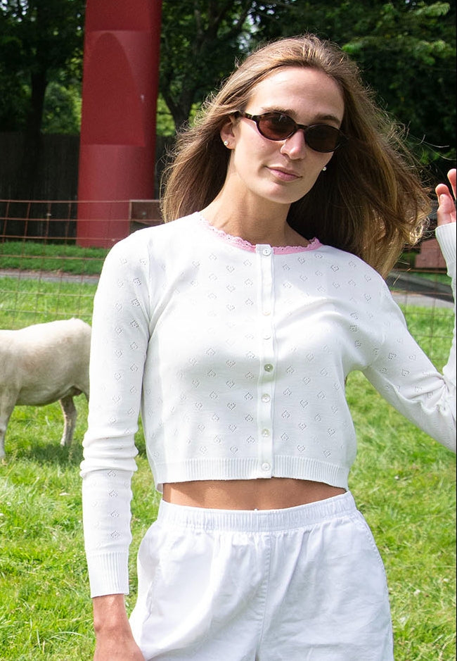 Cropped Cardigan - Ivory Hearts Pointelle w Pink Lace