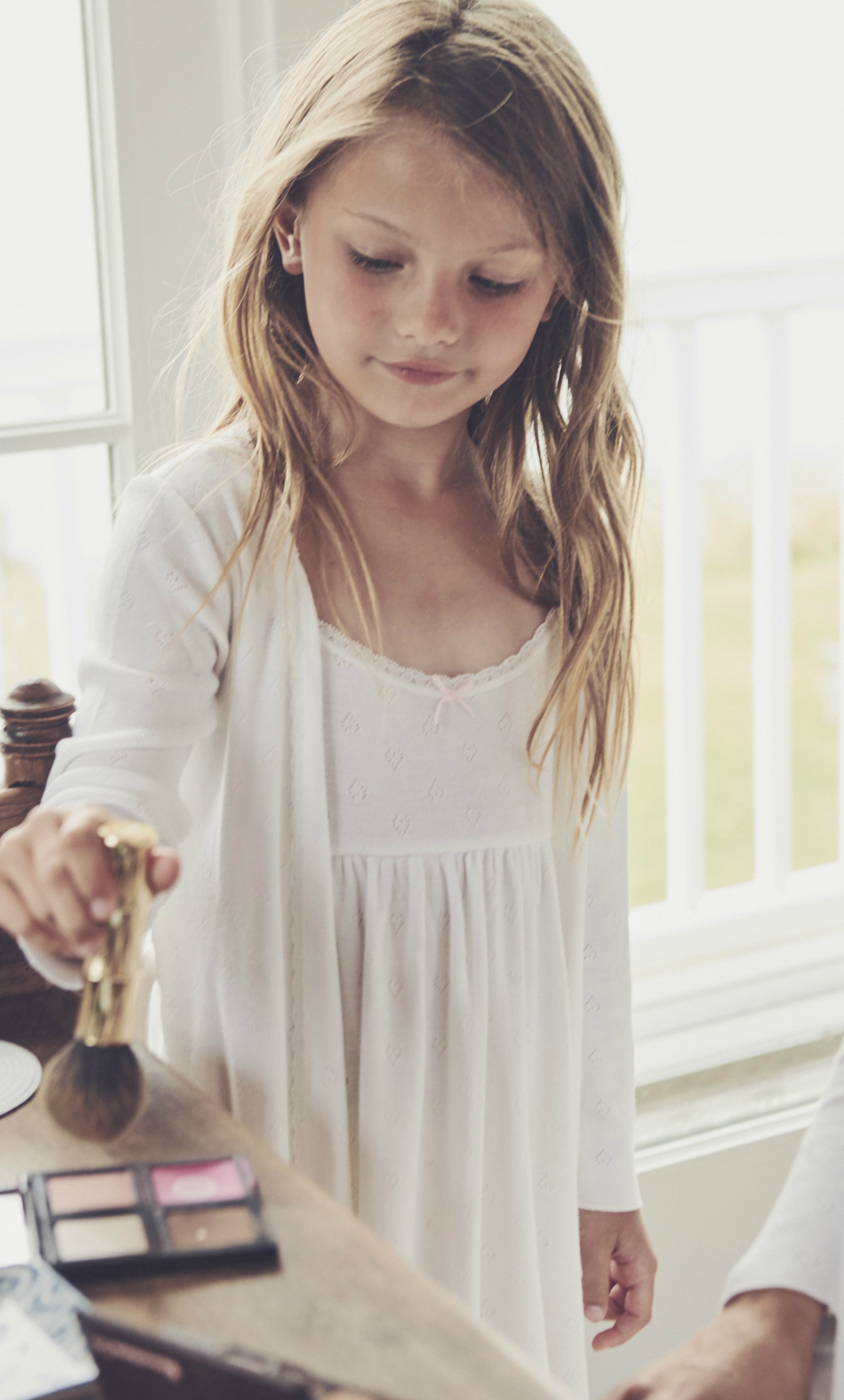 Girls Babydoll Gown - Pearl White Hearts Pointelle