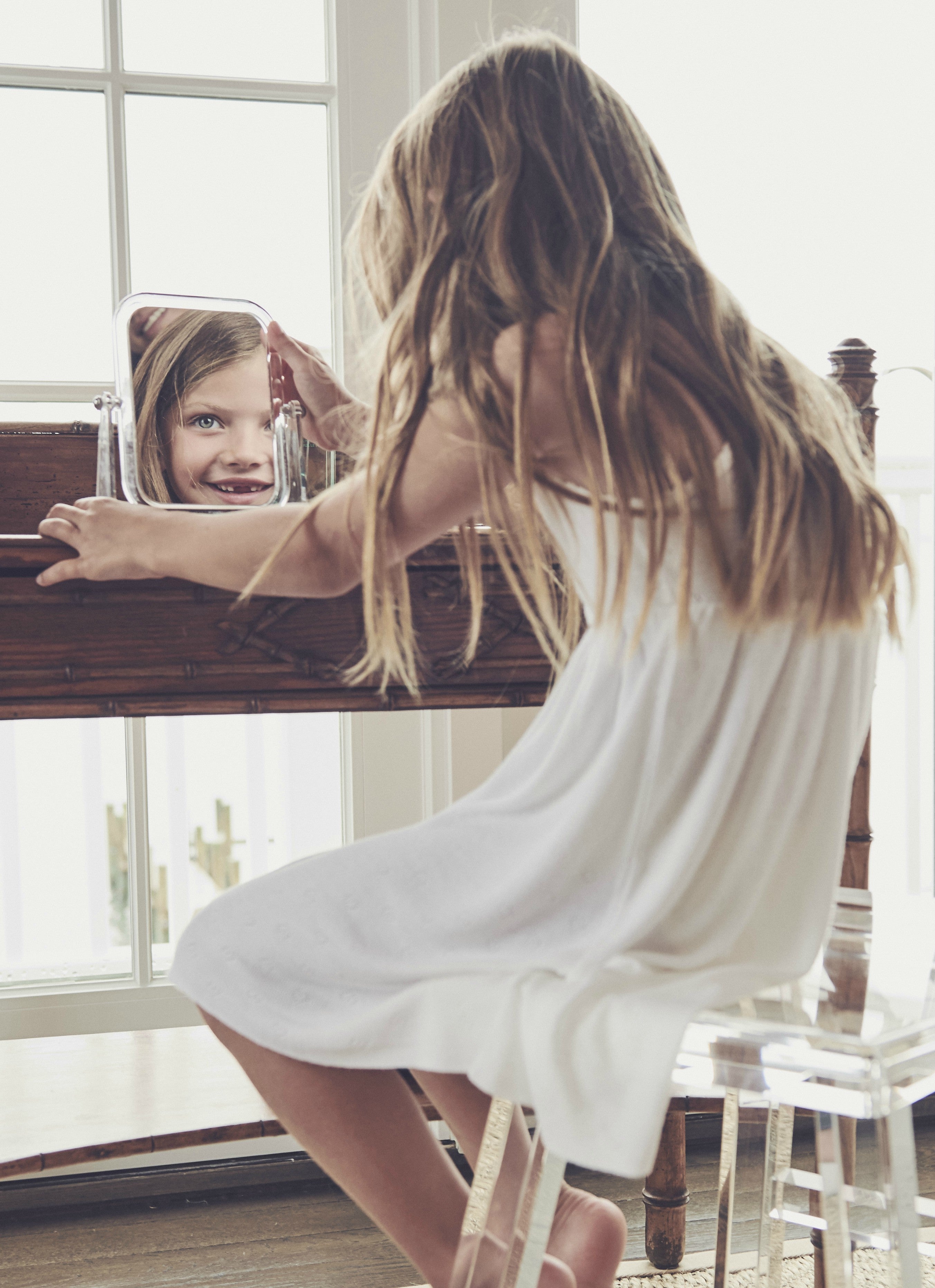 Girls Babydoll Gown - Pearl White Hearts Pointelle