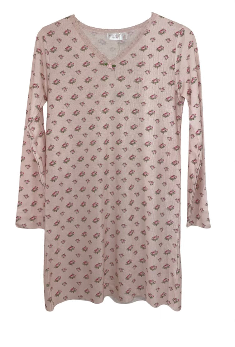 Girls Dress V Long Sleeve - Pink Vintage Ditsy Rose Print