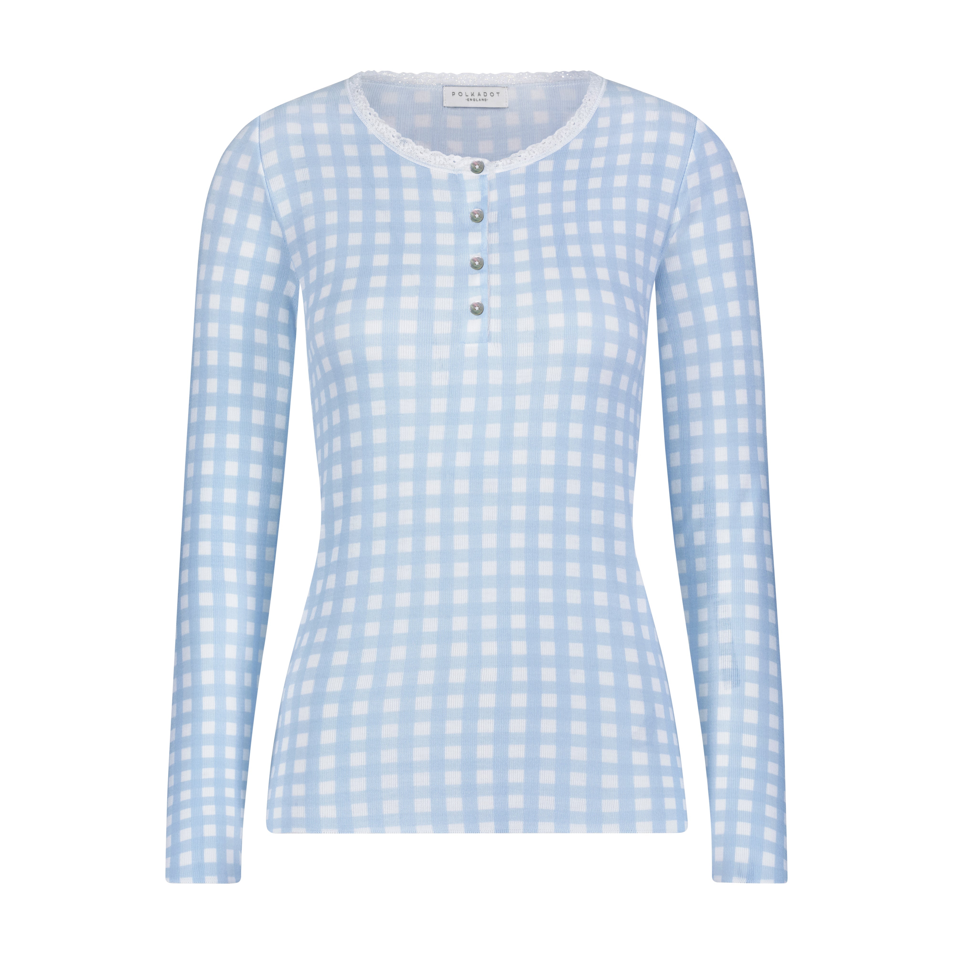 Henley Top - Blue Gingham Print w Lace