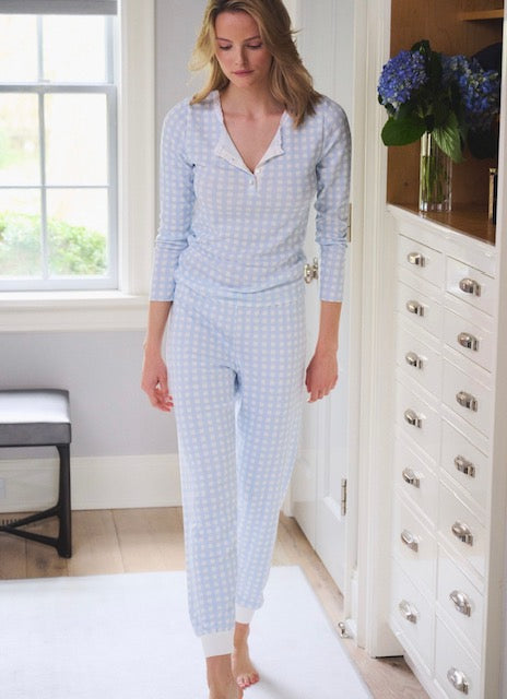 Henley Top - Blue Gingham Print w Lace
