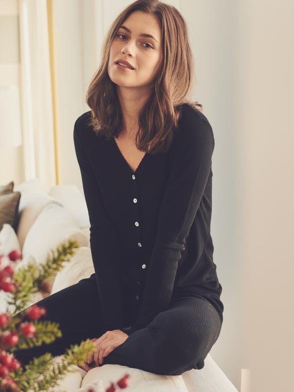 Markie Slouchy V Cardigan - Black Rib Knit