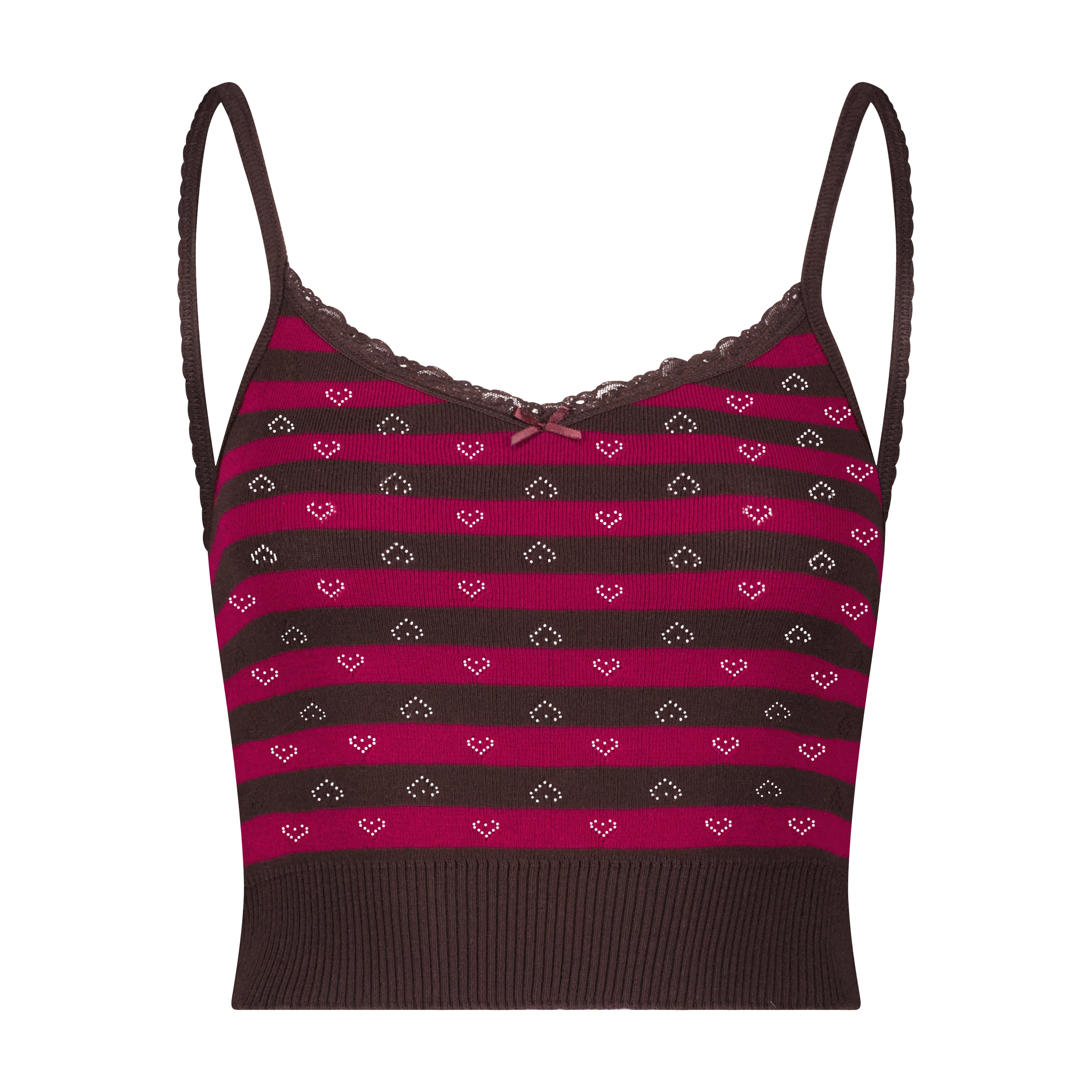 Liz Cropped Cami - Stripe Hearts Pointelle Brown/Mulberry