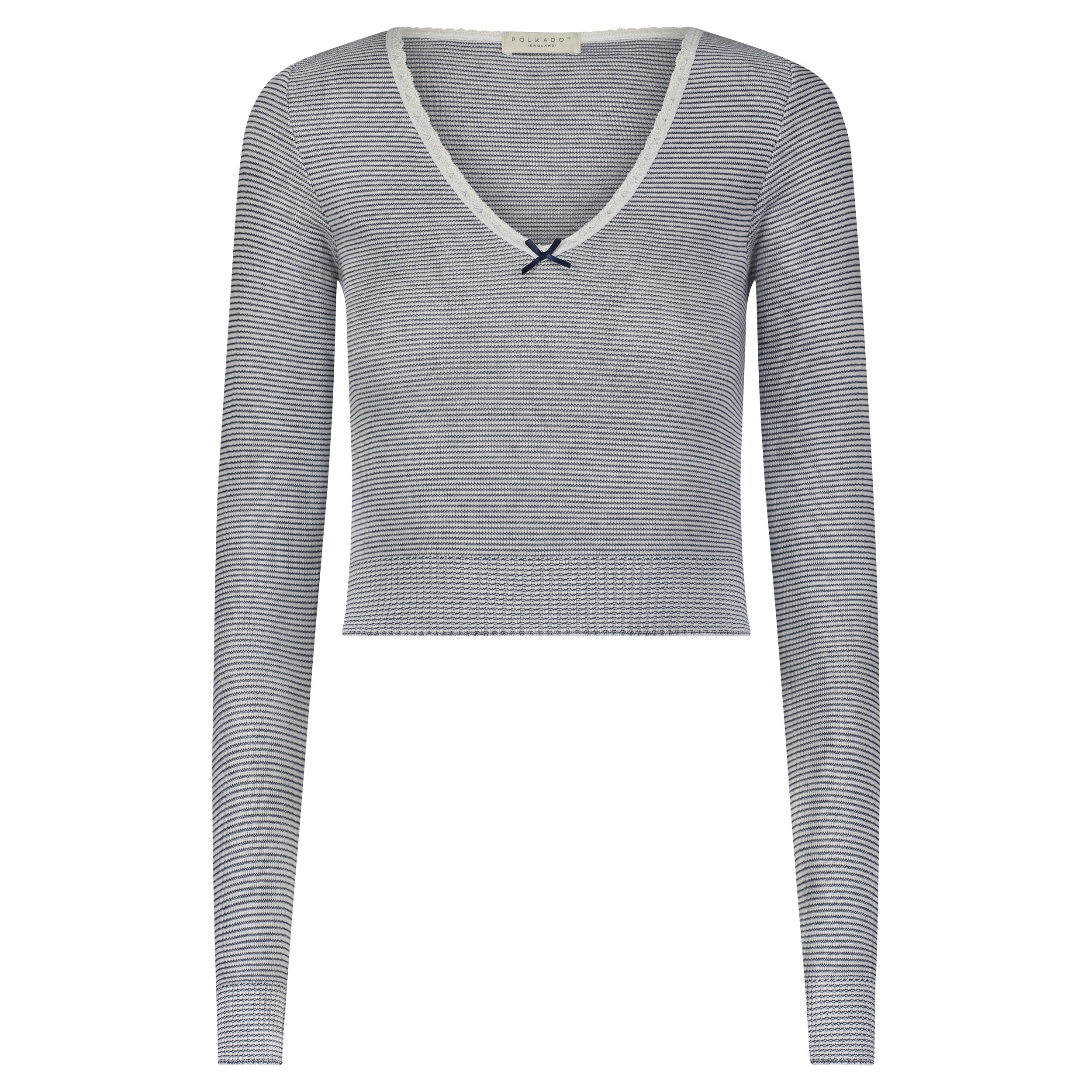 Barbie Cropped V Long Sleeve - Navy Skinny Stripe