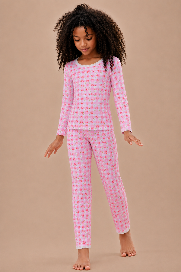 Girls Classic Set Crew LS & Pant - Cherry Gingham Print