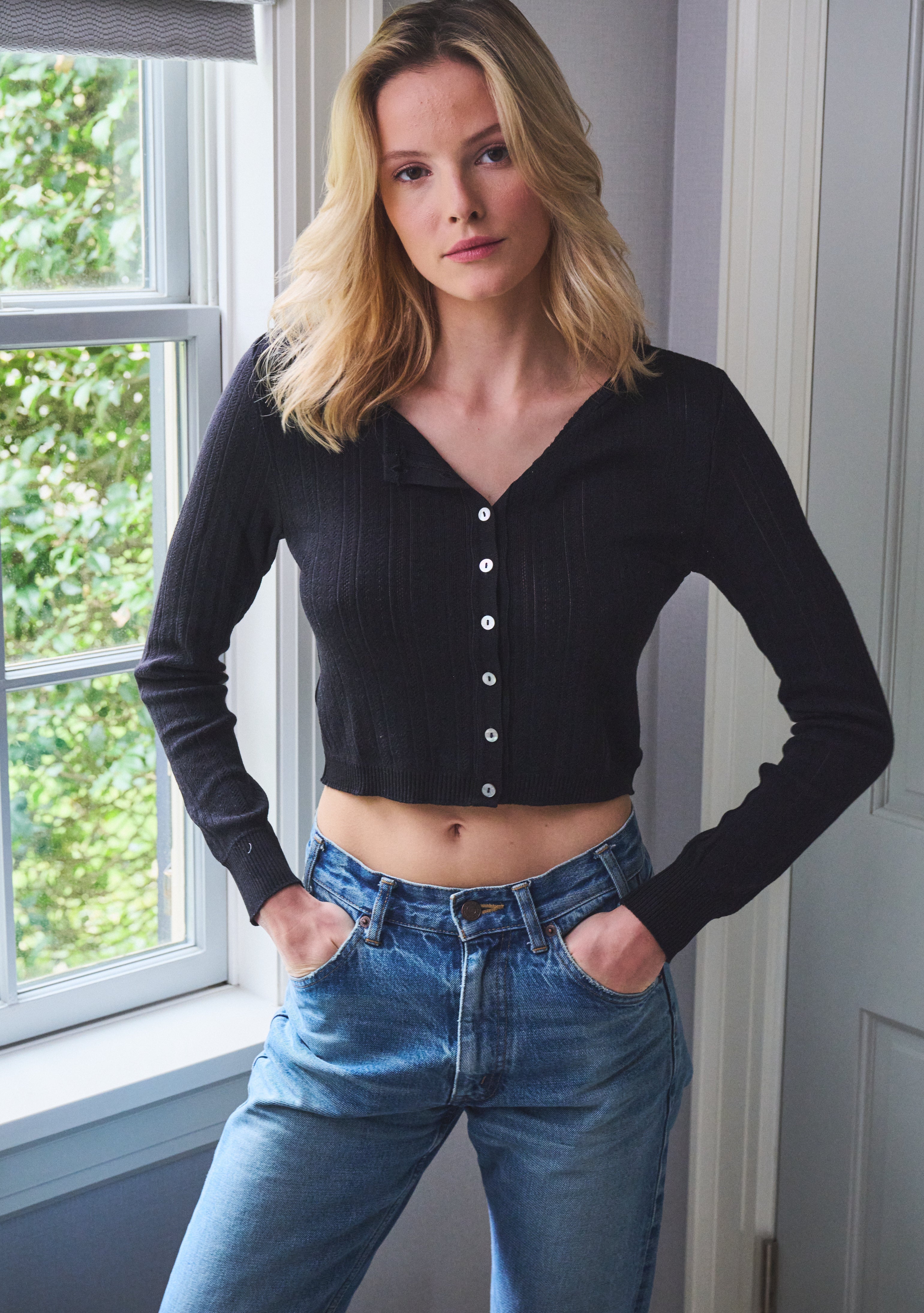 Cropped Cardigan - Black Windsor Pointelle