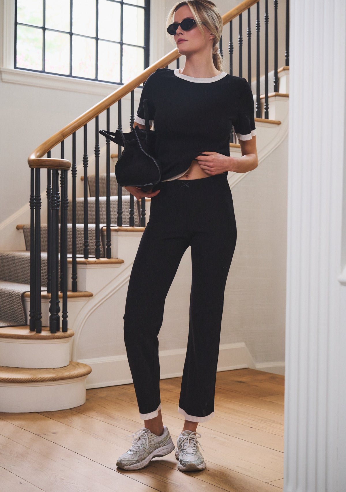 Nan Slouchy Short Sleeve Tee - Black Rib Knit w Ivory