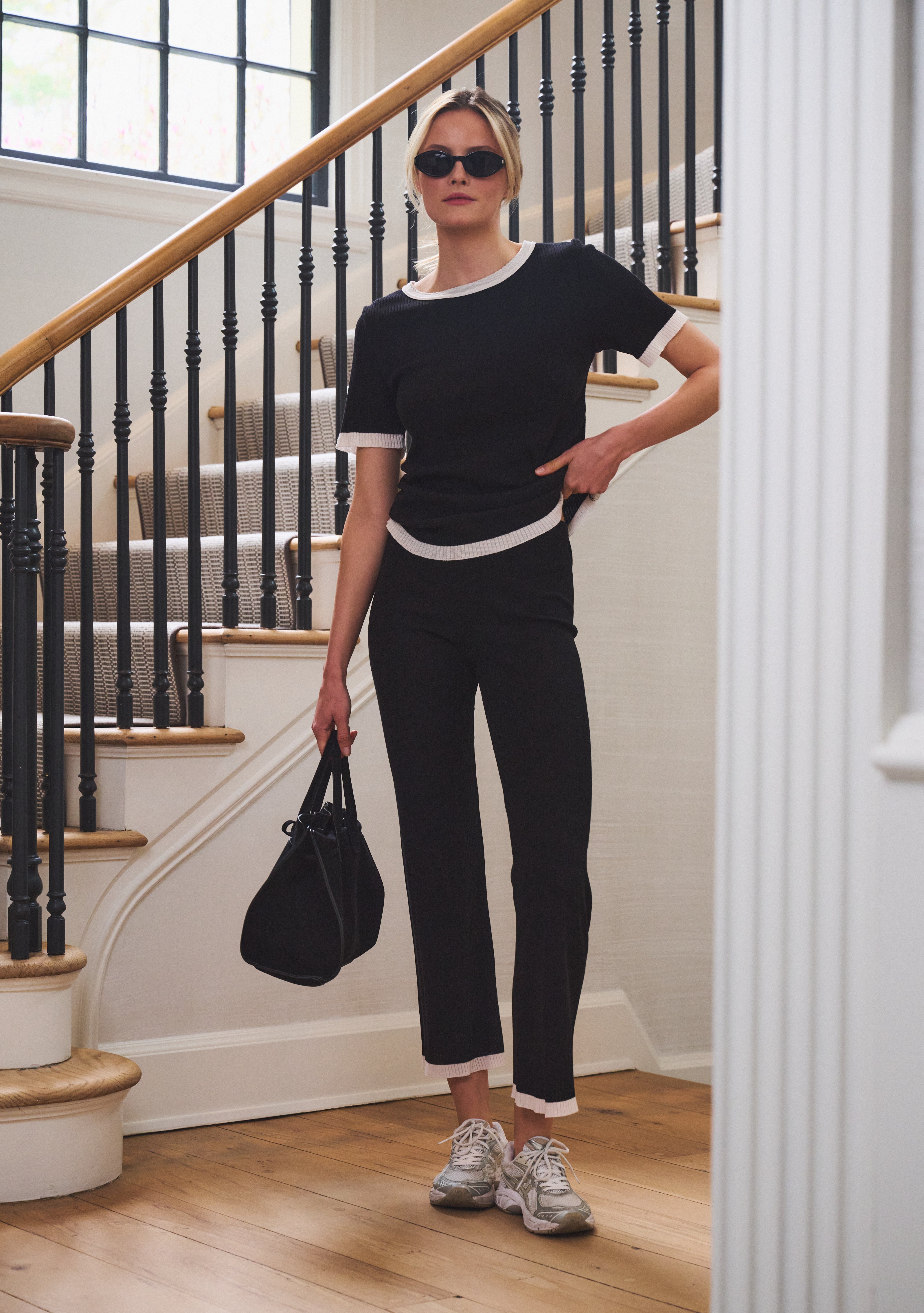 Nan Slouchy Tee - Black Rib Knit w Ivory