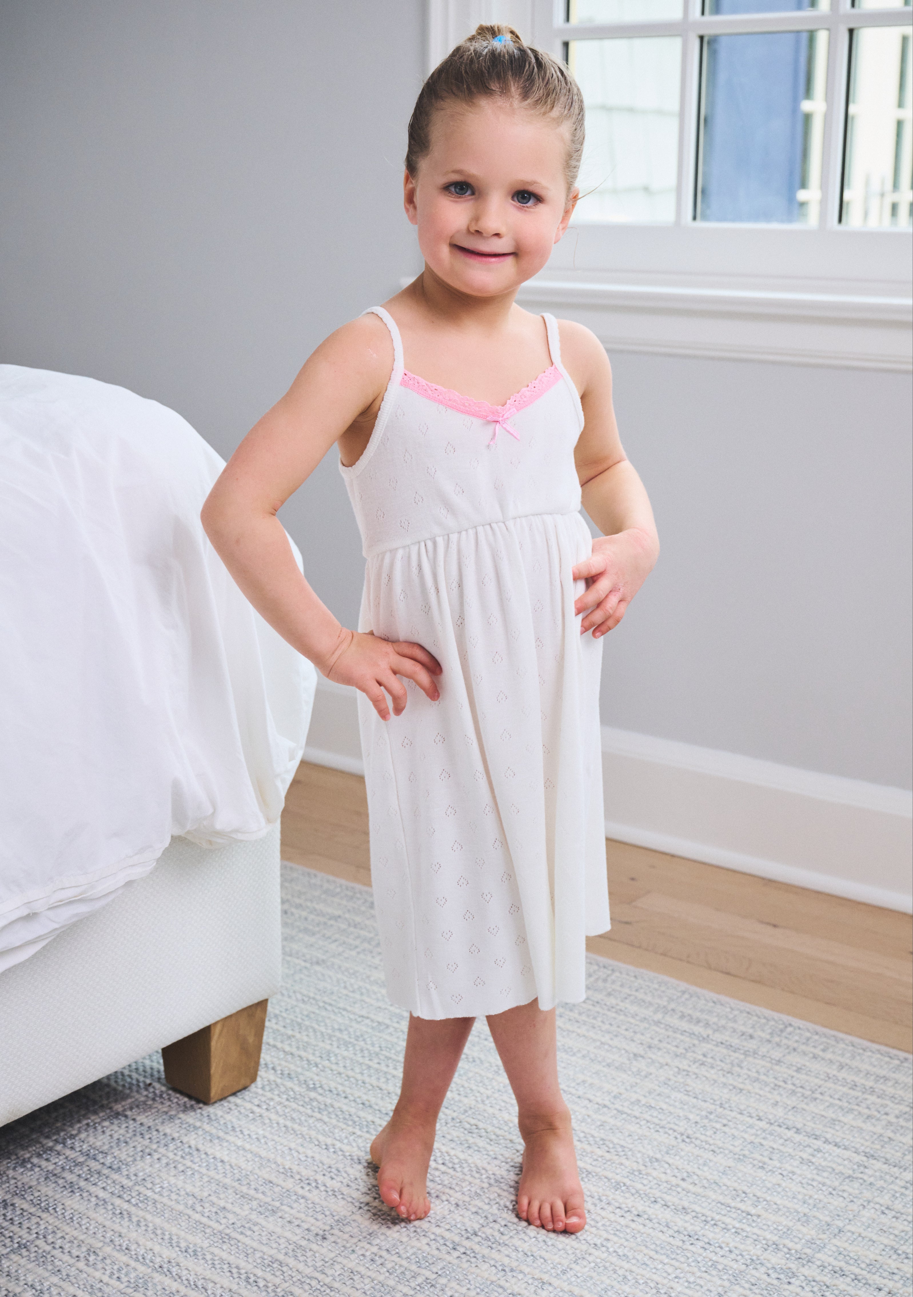 Girls Babydoll Gown - Ivory Hearts Pointelle