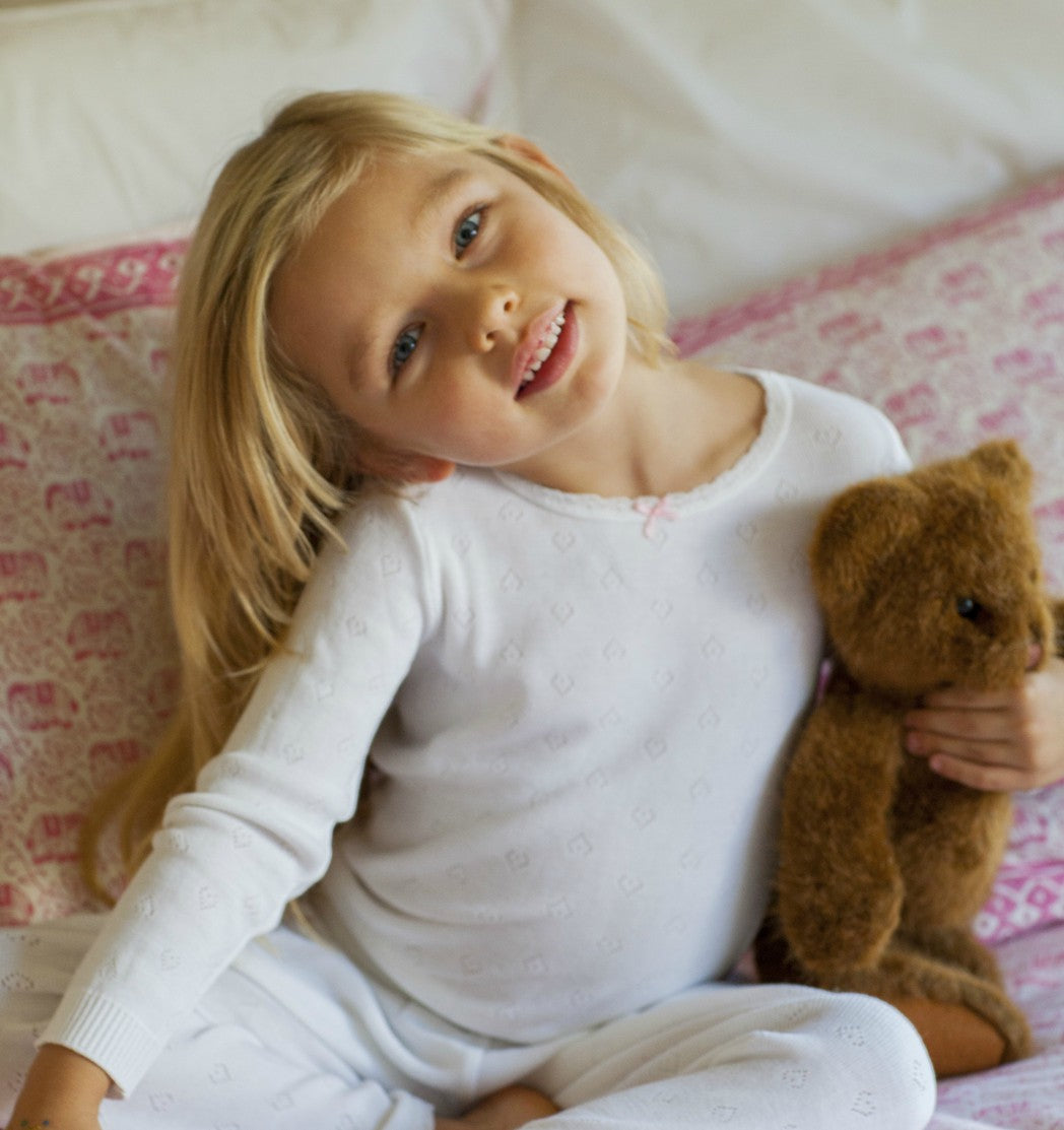 Girls & Baby Crew Long Sleeve - Pearl White Hearts Pointelle