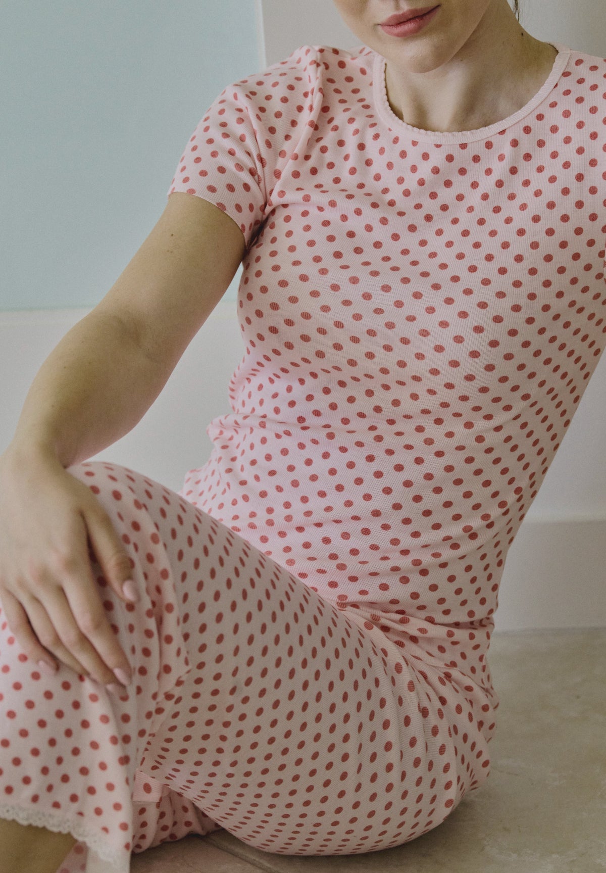 Julia Fitted Short Sleeve Tee - Red Large Dot Print