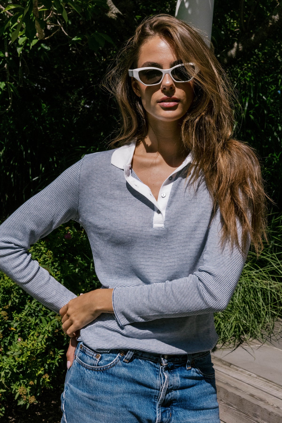 Chris Slouchy Long Sleeve Polo - Navy Skinny Stripe