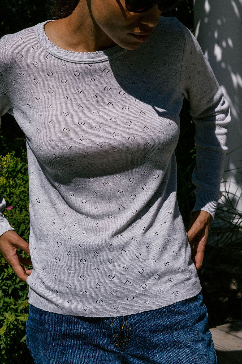 Rachel Classic Slouchy Long Sleeve Tee - Heather Grey Hearts Pointelle