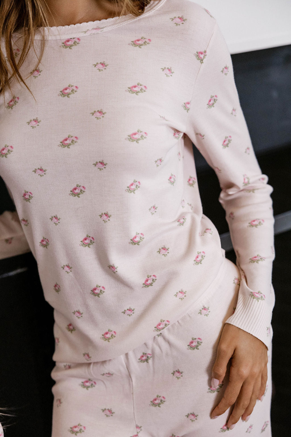 Rachel Classic Slouchy Long Sleeve Tee - Pink Vintage Large Rose Print